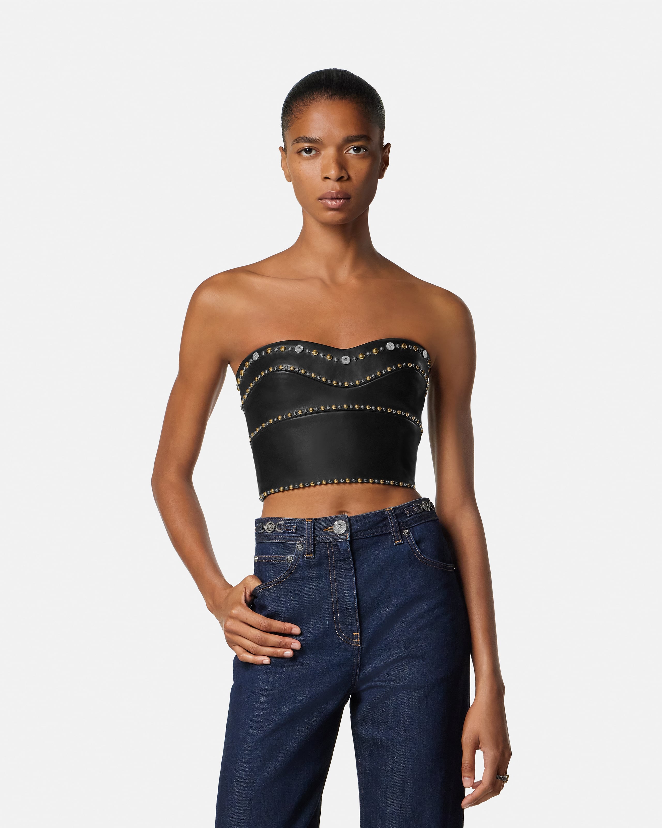 Embellished Leather Bustier Black | VERSACE US