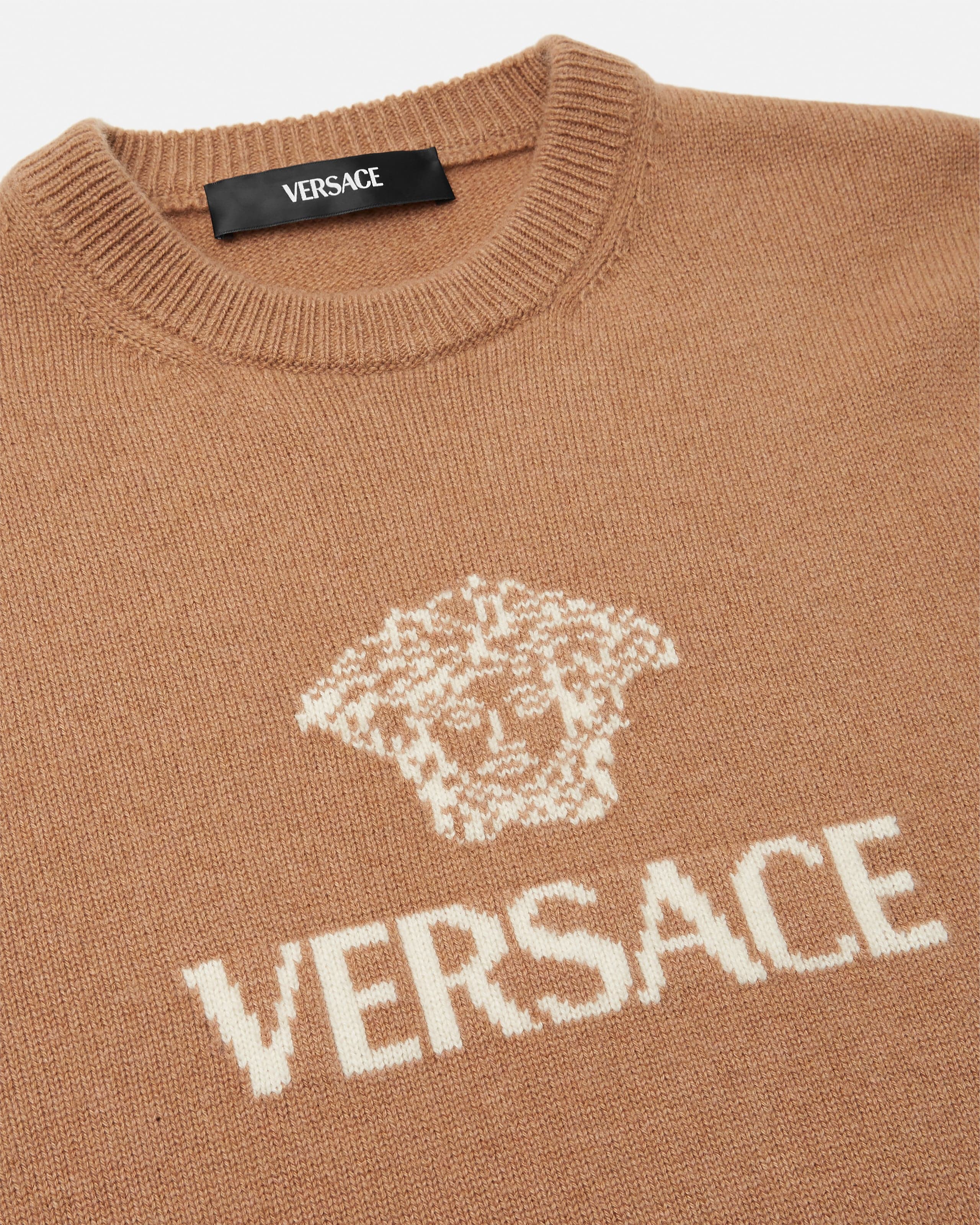 Intarsia Cashmere Knit Sweater Brown | VERSACE US