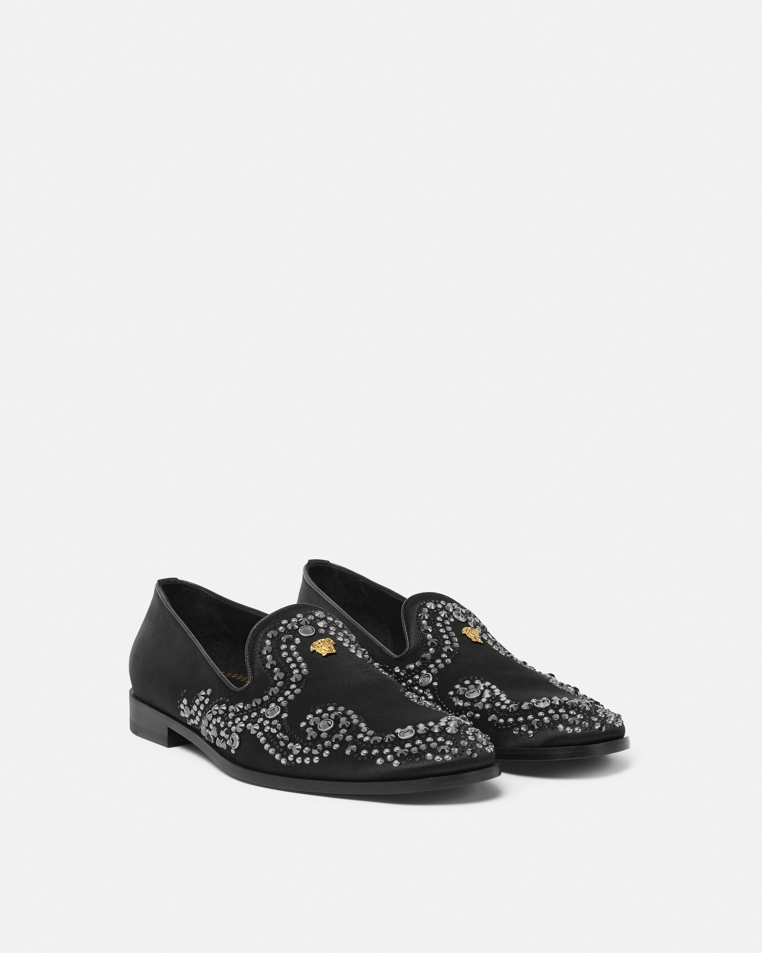 Medusa Embellished Satin Slippers