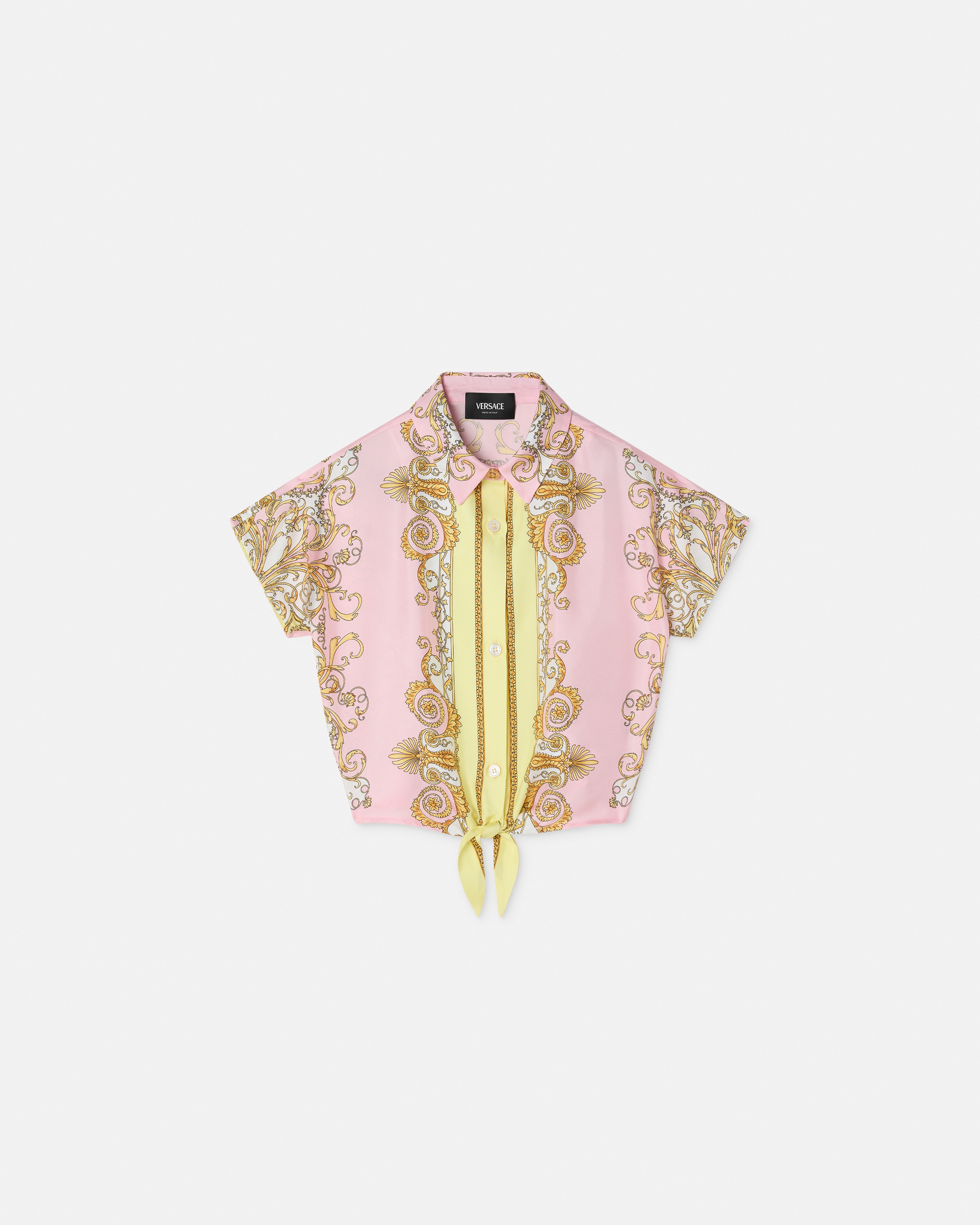 Versace Kids Printed Silk Twill Crop Shirt In Pink