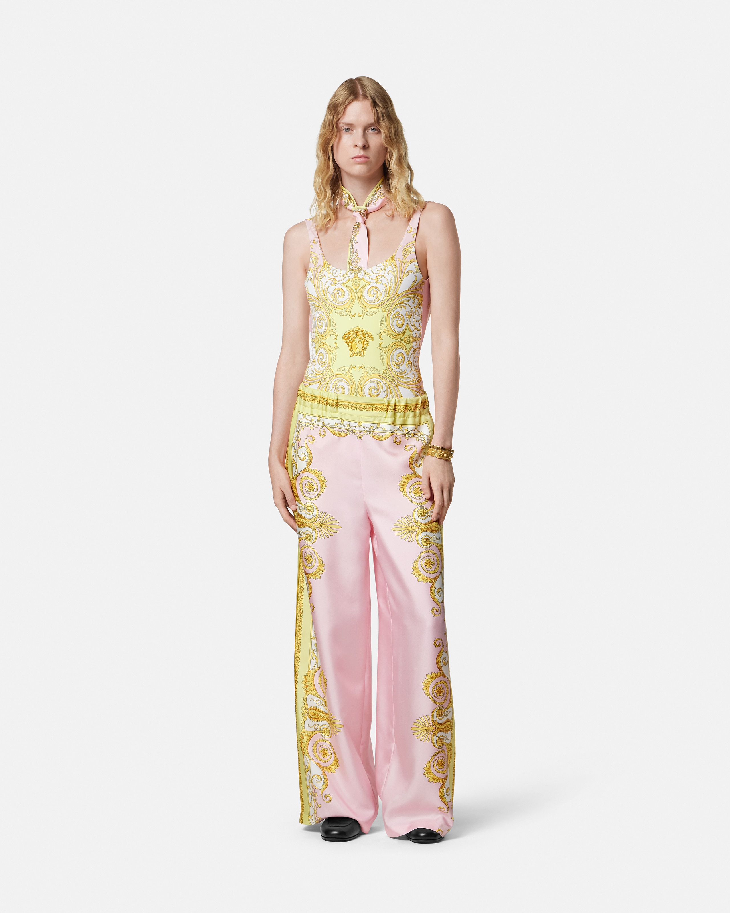 Versace Multicolor Trousers With Elastic Waist And All-over Geometric Print In Silk Woman In Multi