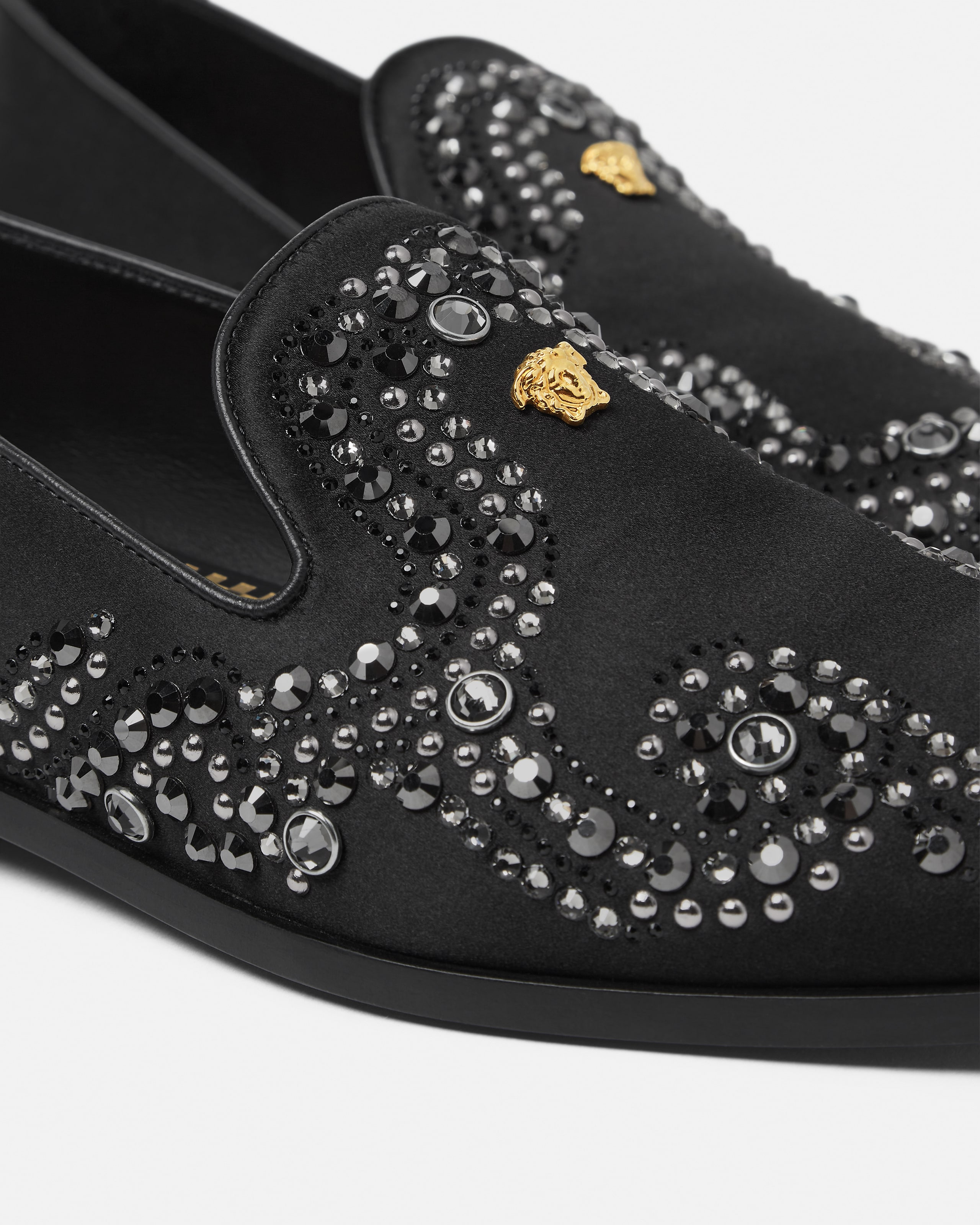 Medusa Embellished Satin Slippers
