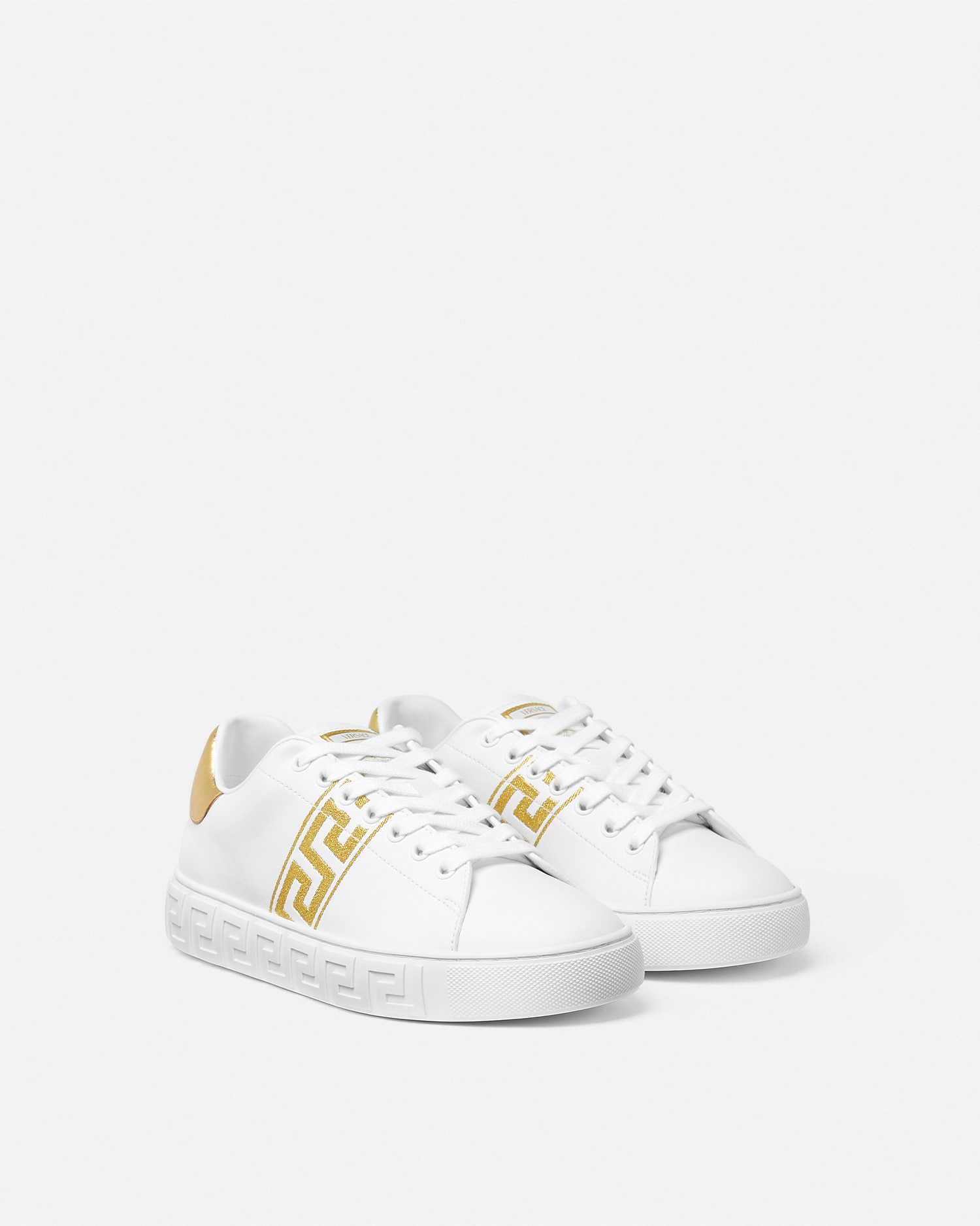 Versace Leather Sneakers Greca Embroidered Detail Gold Accents In White+print