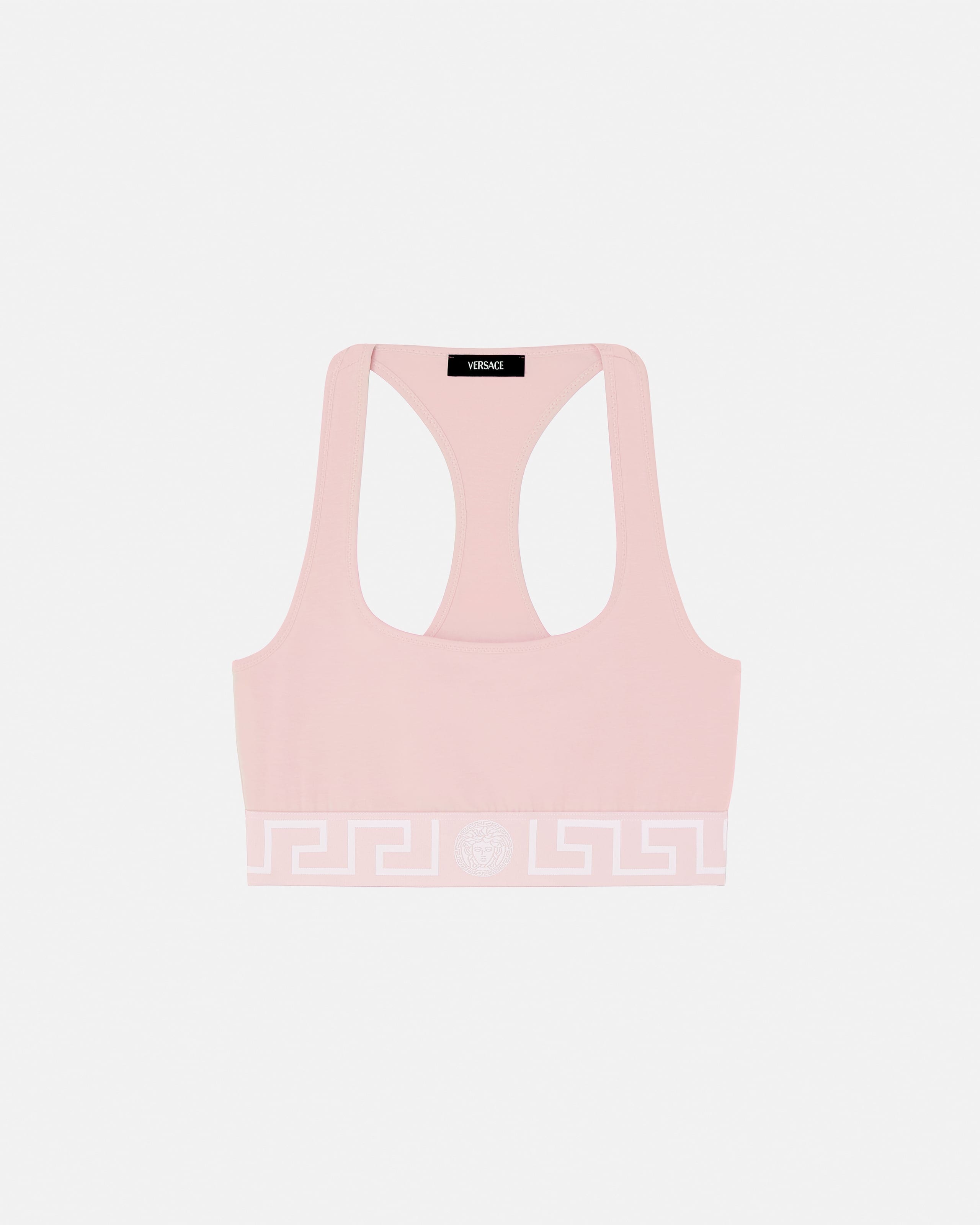 Versace Brassière Décolletée À Bordure Greca In Pink