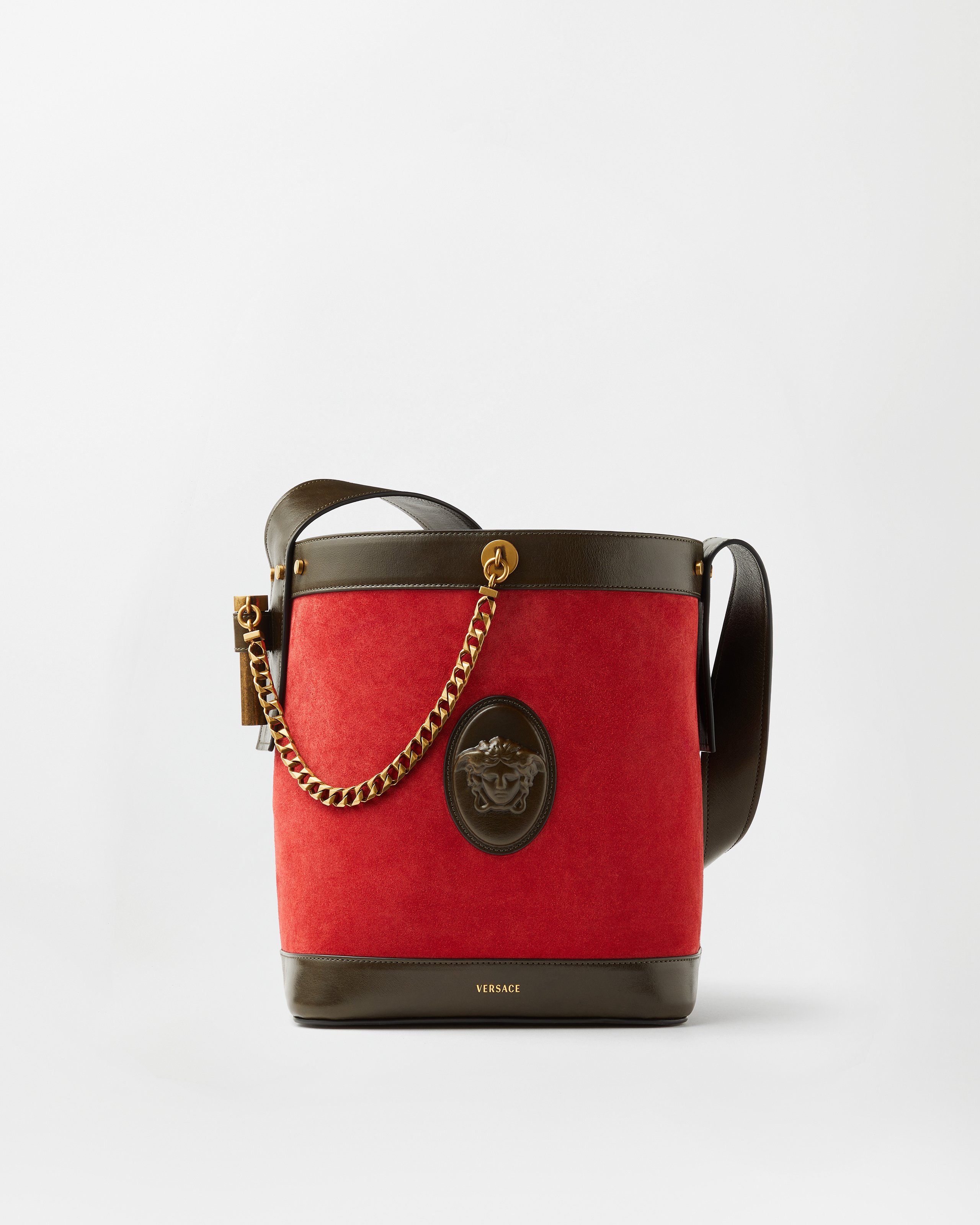 Versace Pivot Small Suede Bucket Bag In Red