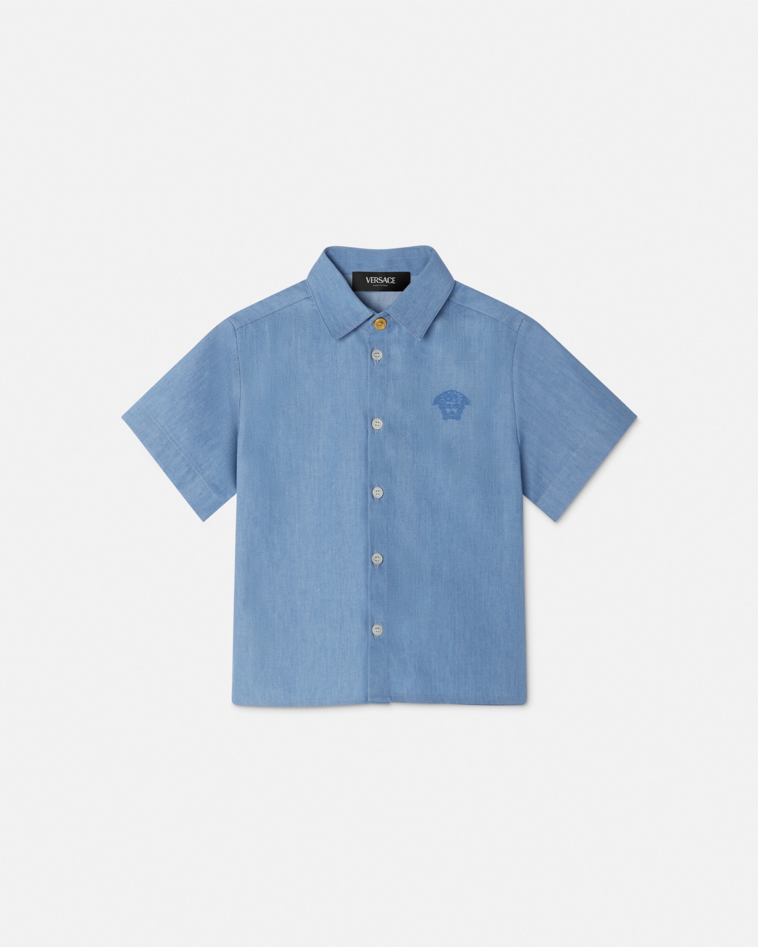 Versace Embroidered Medusa Kids Shirt In Blue