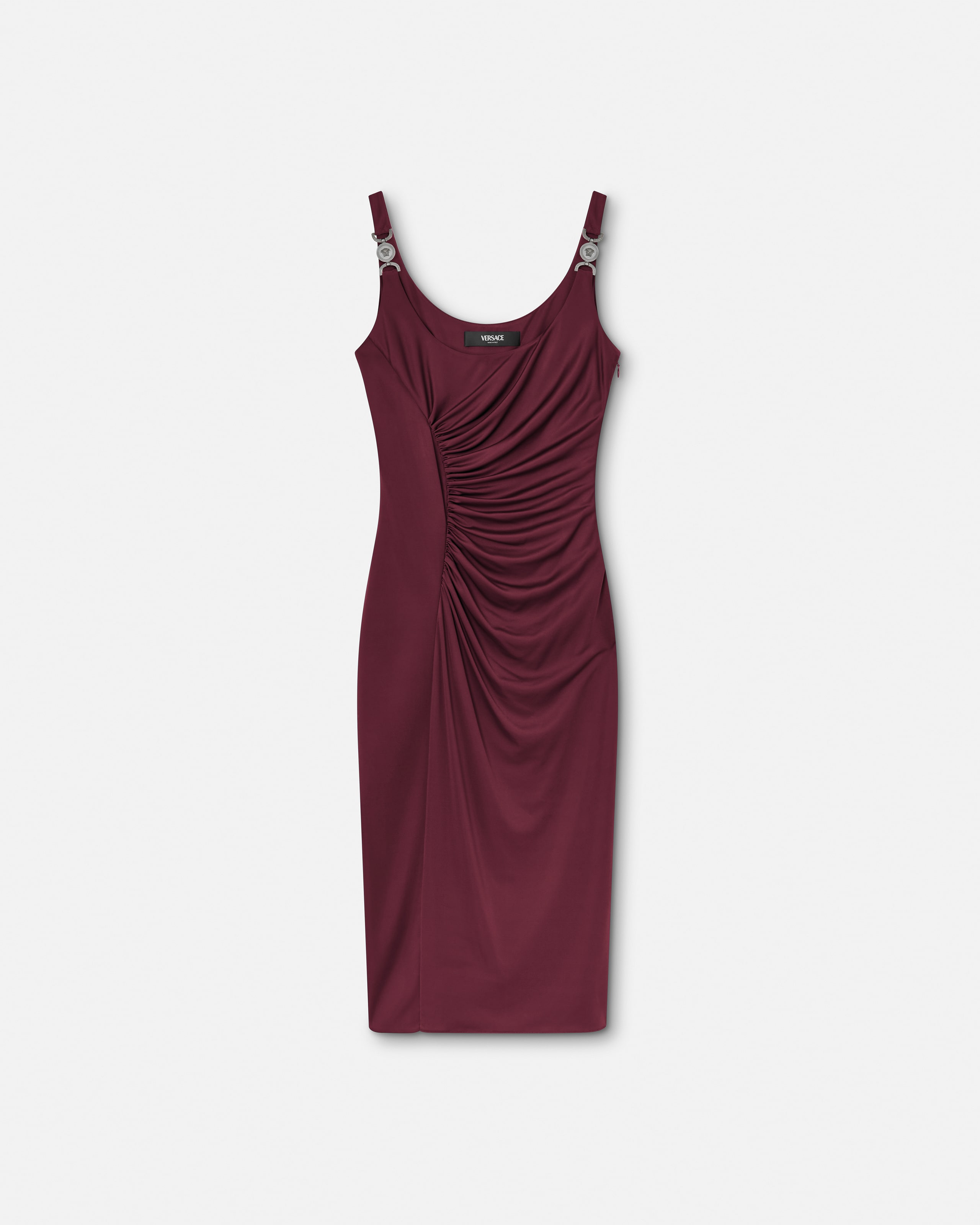 Versace Ruched Jersey Midi Cocktail Dress In Burgundy