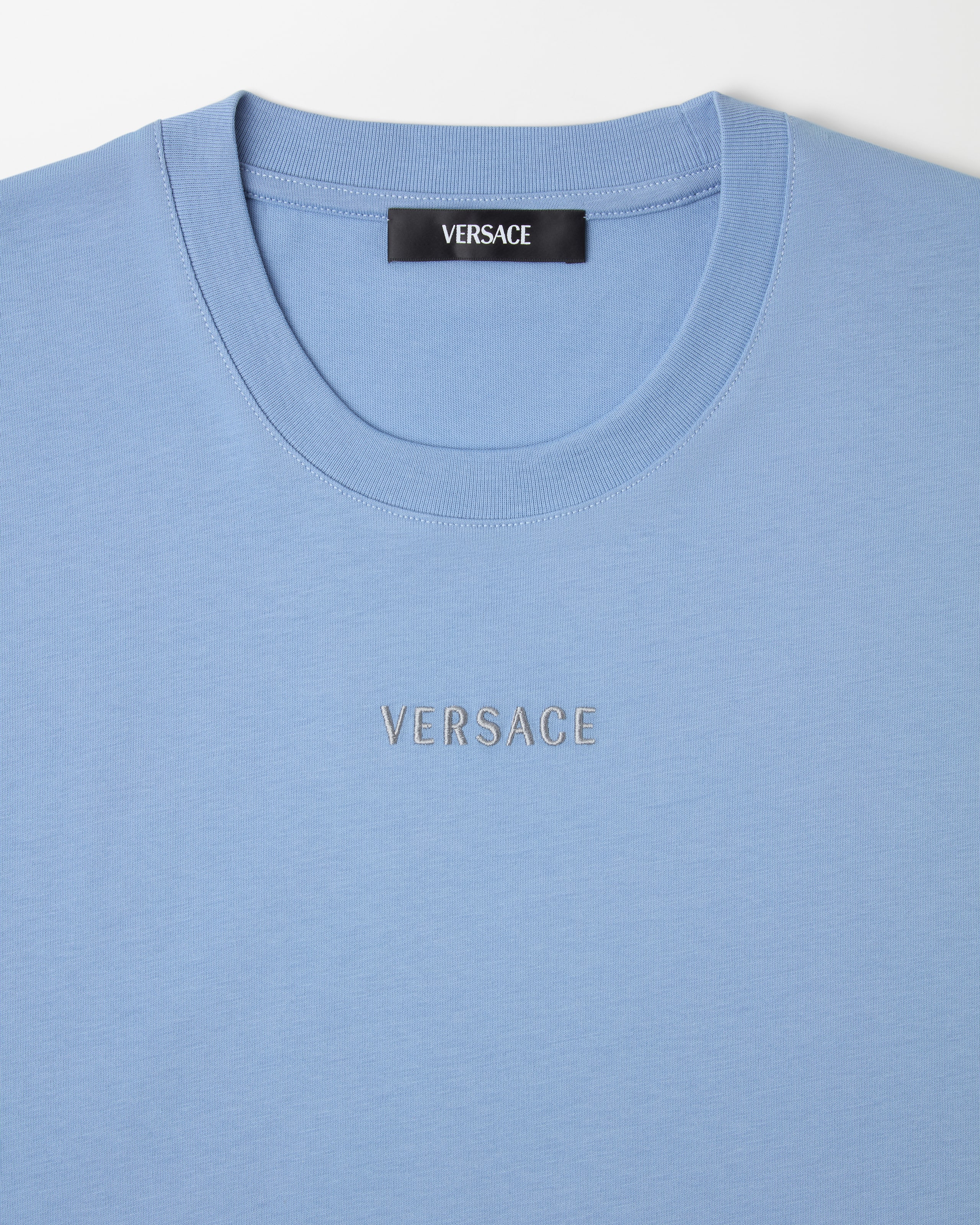 Embroidered Cotton-Jersey Slim T-Shirt Blue | VERSACE US