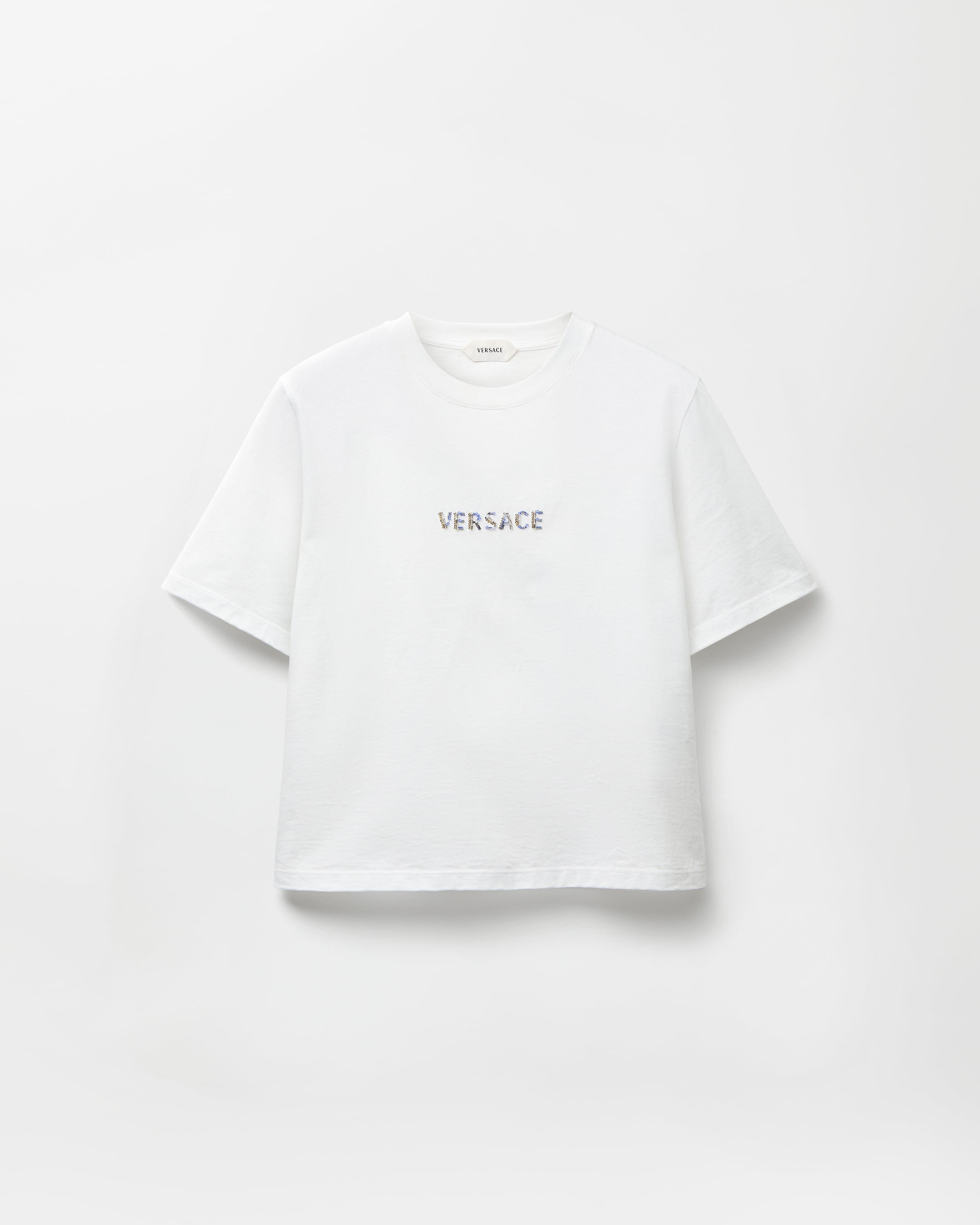 Embroidered Cotton-Jersey T-Shirt White | VERSACE US