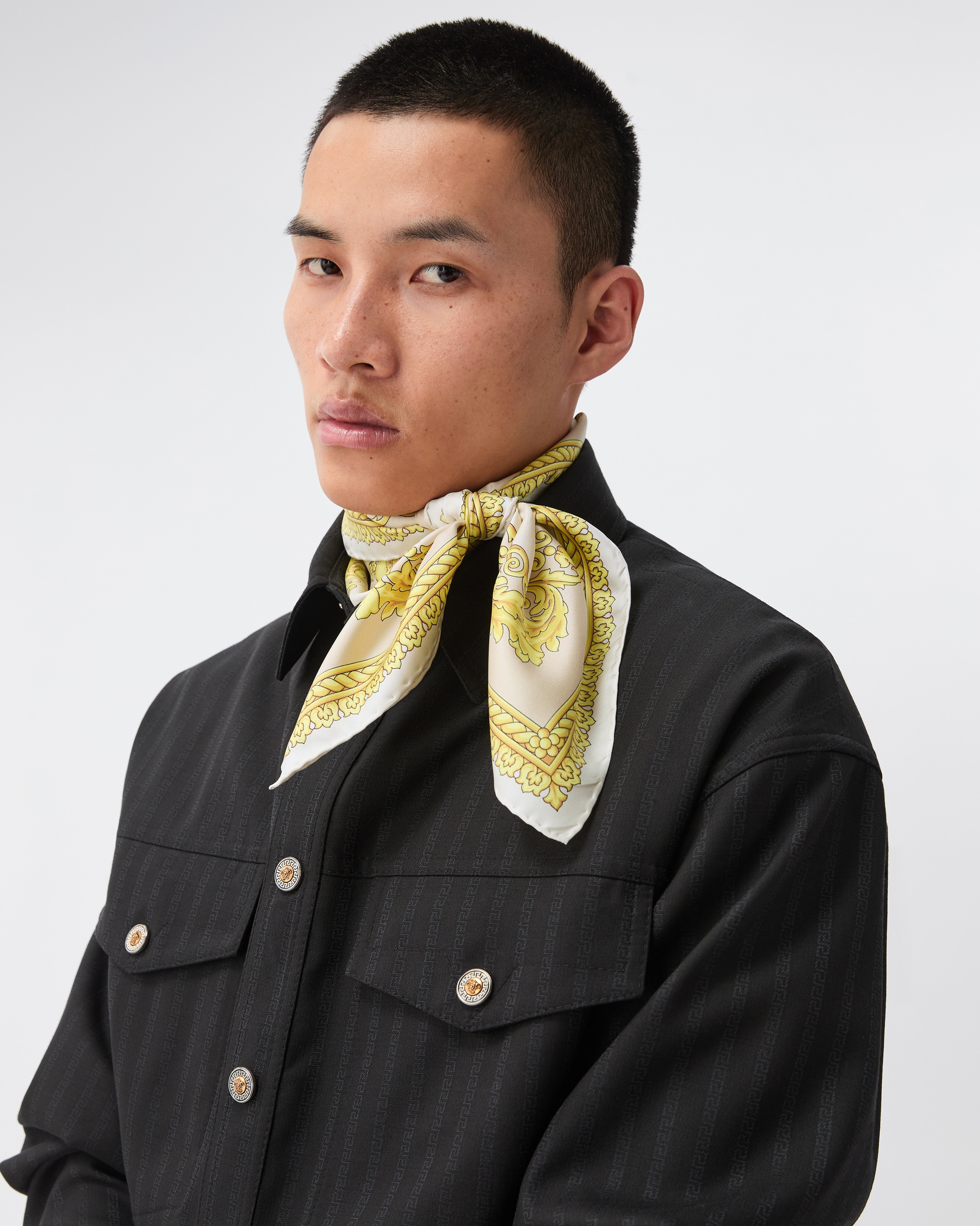 Printed Silk Twill Scarf 90 cm White,Gold | VERSACE US
