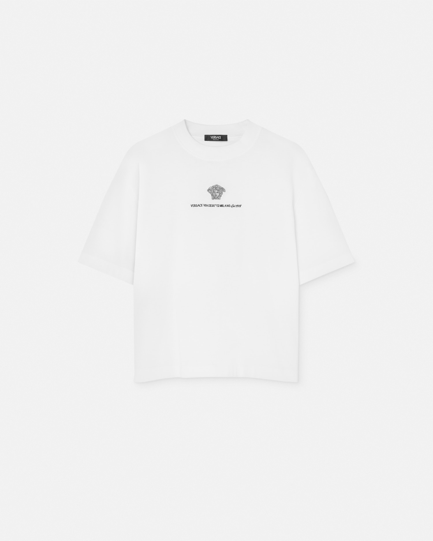 Tシャツ・カットソー VERSACE Men T Shirts AUU010051A10011 White Embroidered Medusa Milano T-Shirt White | VERSACE US