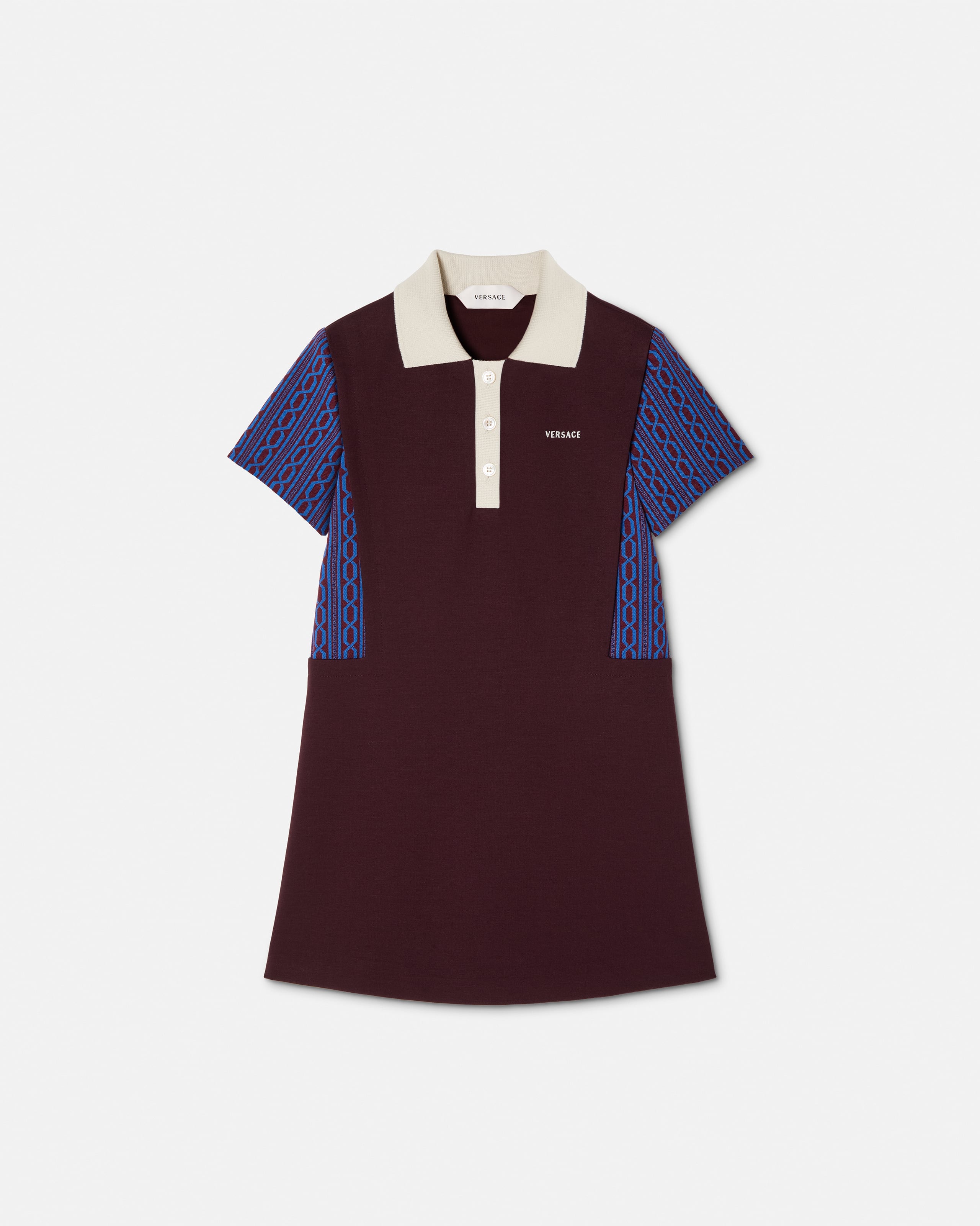 Versace Kids Embroidered-logo Jacquard Milano-stitch Dress In Blue+burgundy