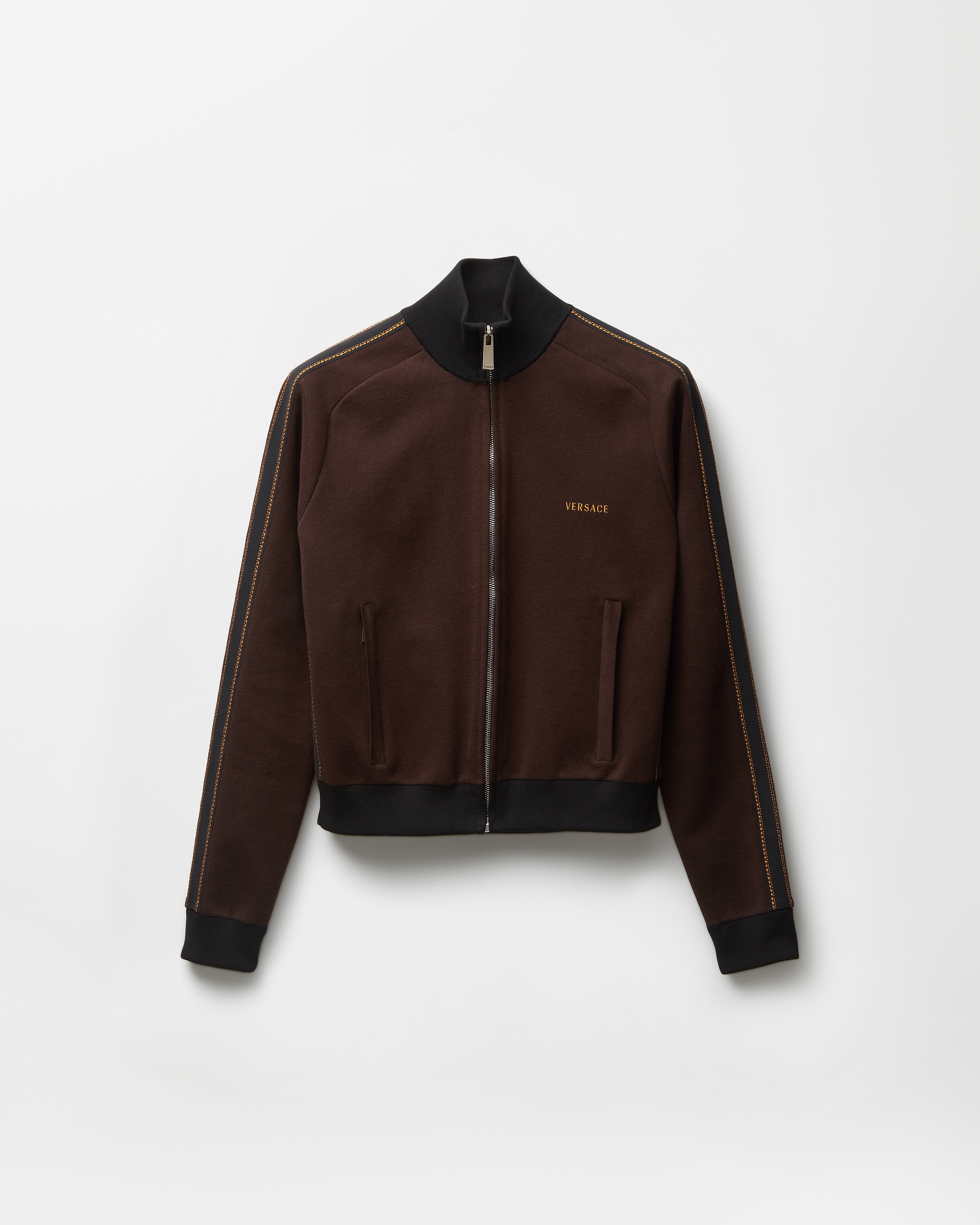 Versace Pull En Coton Et Nylon Double Zippé In Brown