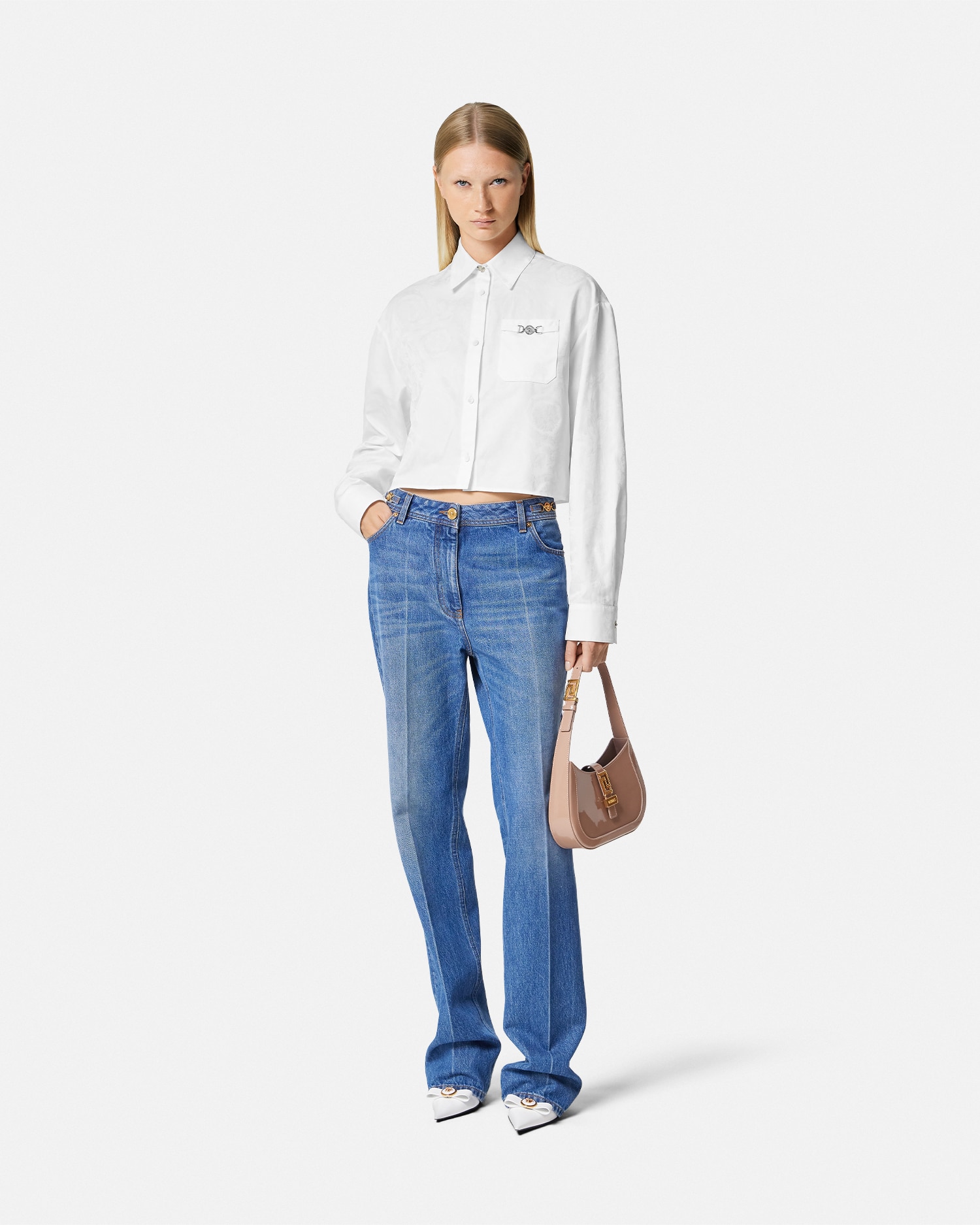 Shop Versace Barocco Jacquard Crop Shirt In White