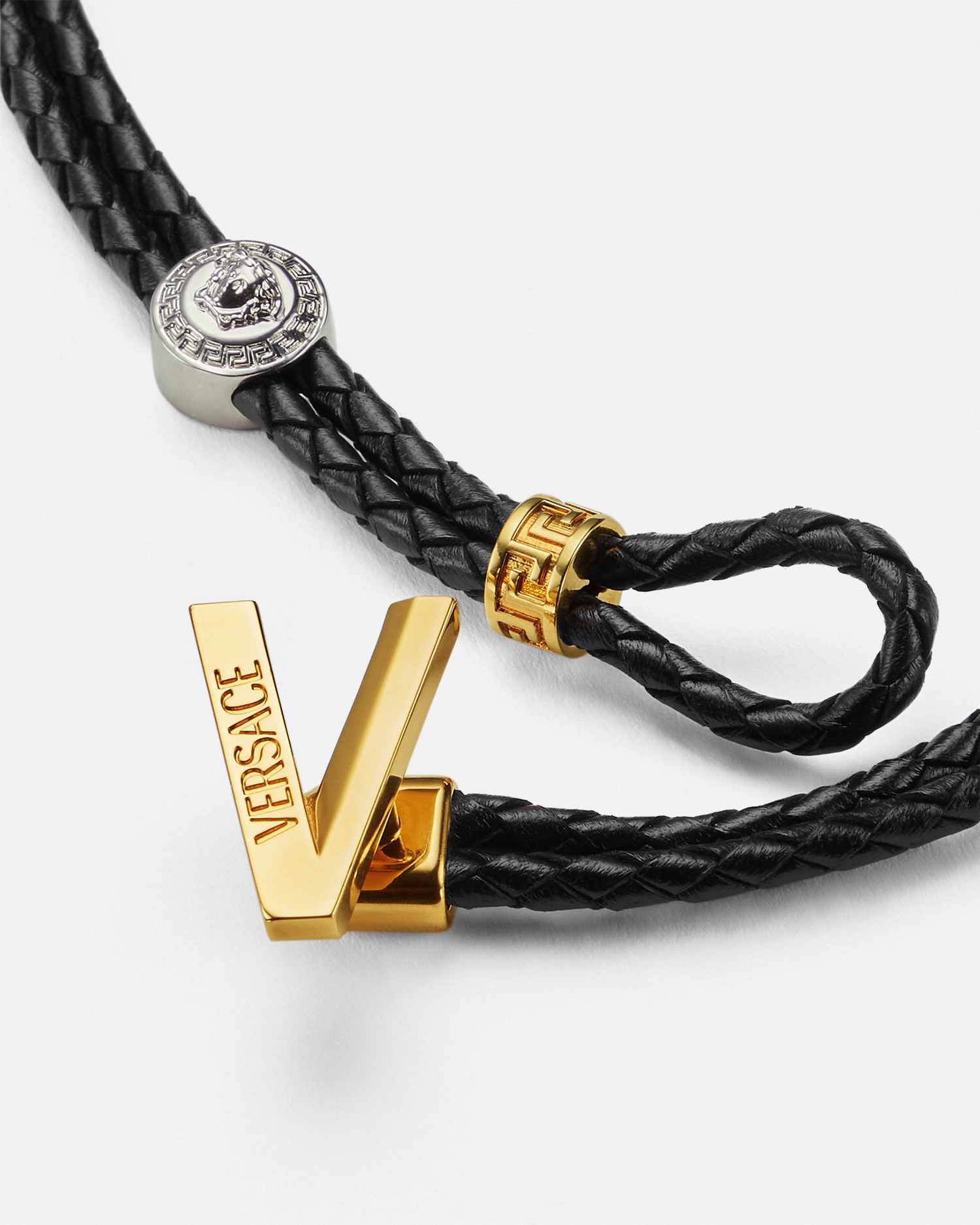 Versace Logo-plaque Braided Necklace In Noir+or