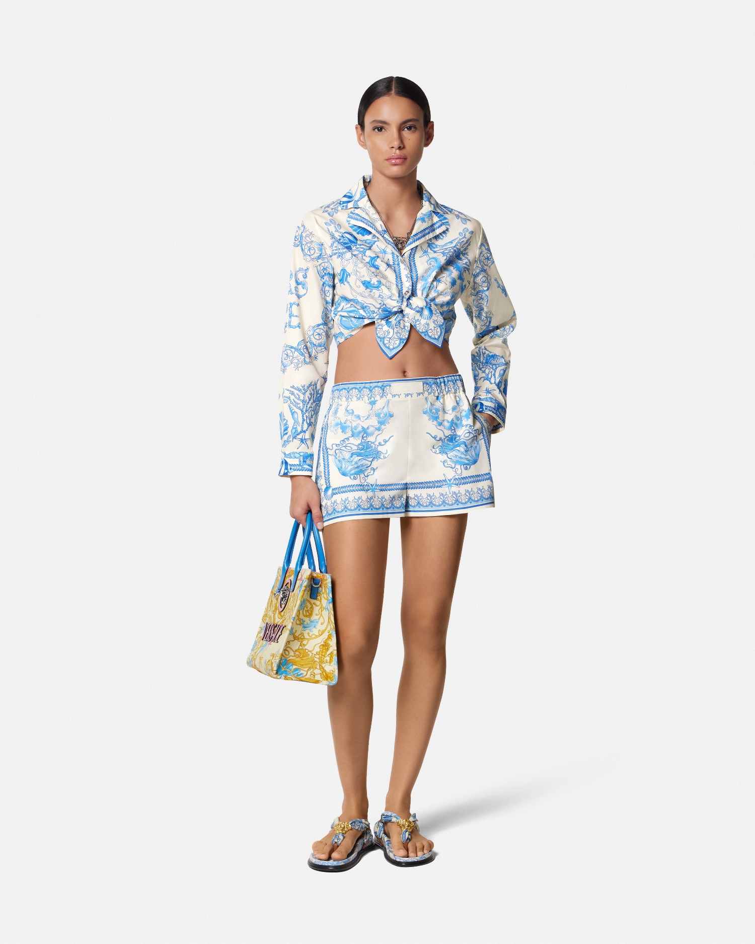Versace Underwater Barocco Bicolor Foulard Cotton Poplin Pull-on Shorts