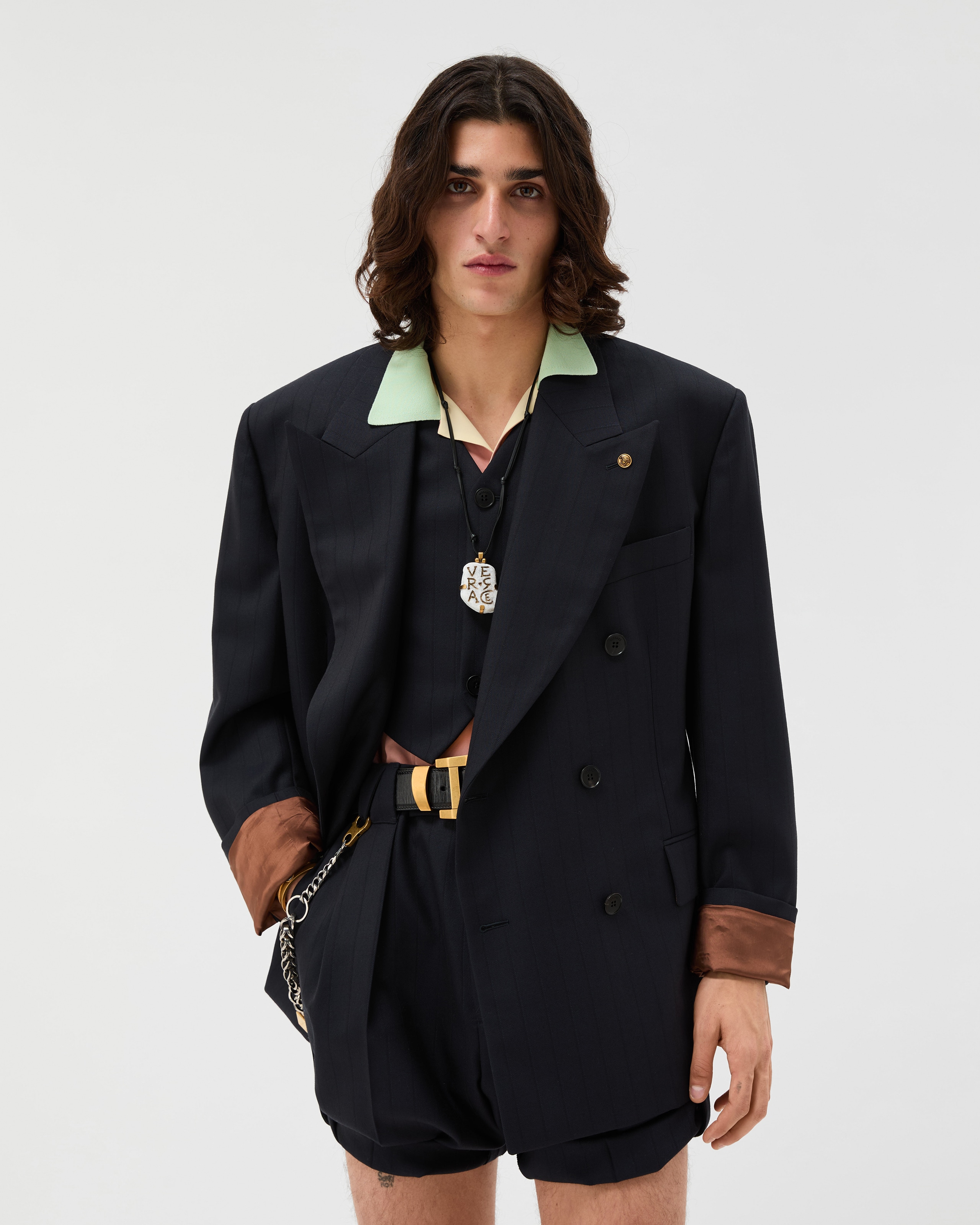 Pinstripe Wool Boxy Blazer Blue | VERSACE US