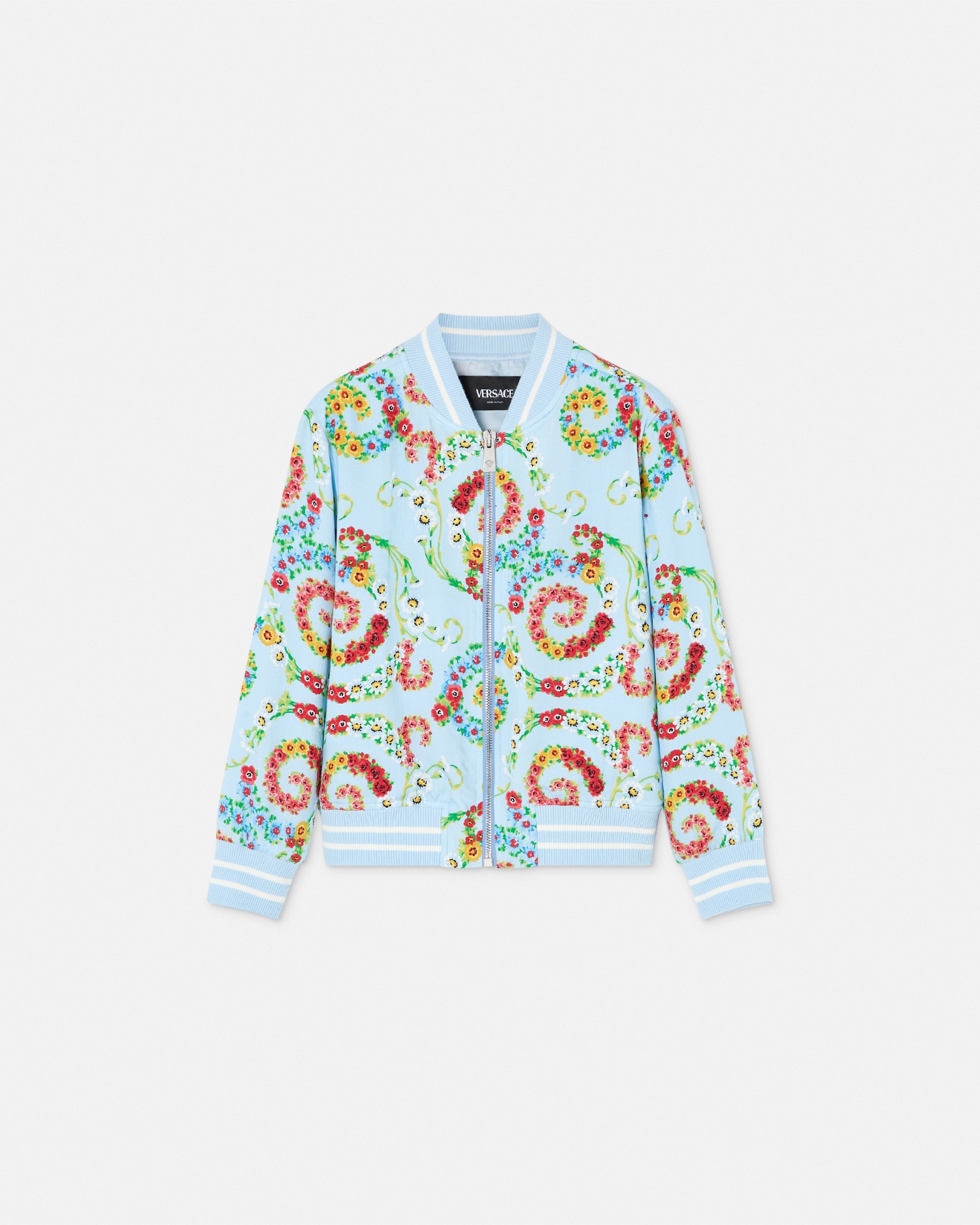 Versace Floral Swirl Kids Bomber Jacket In Light Blue+print