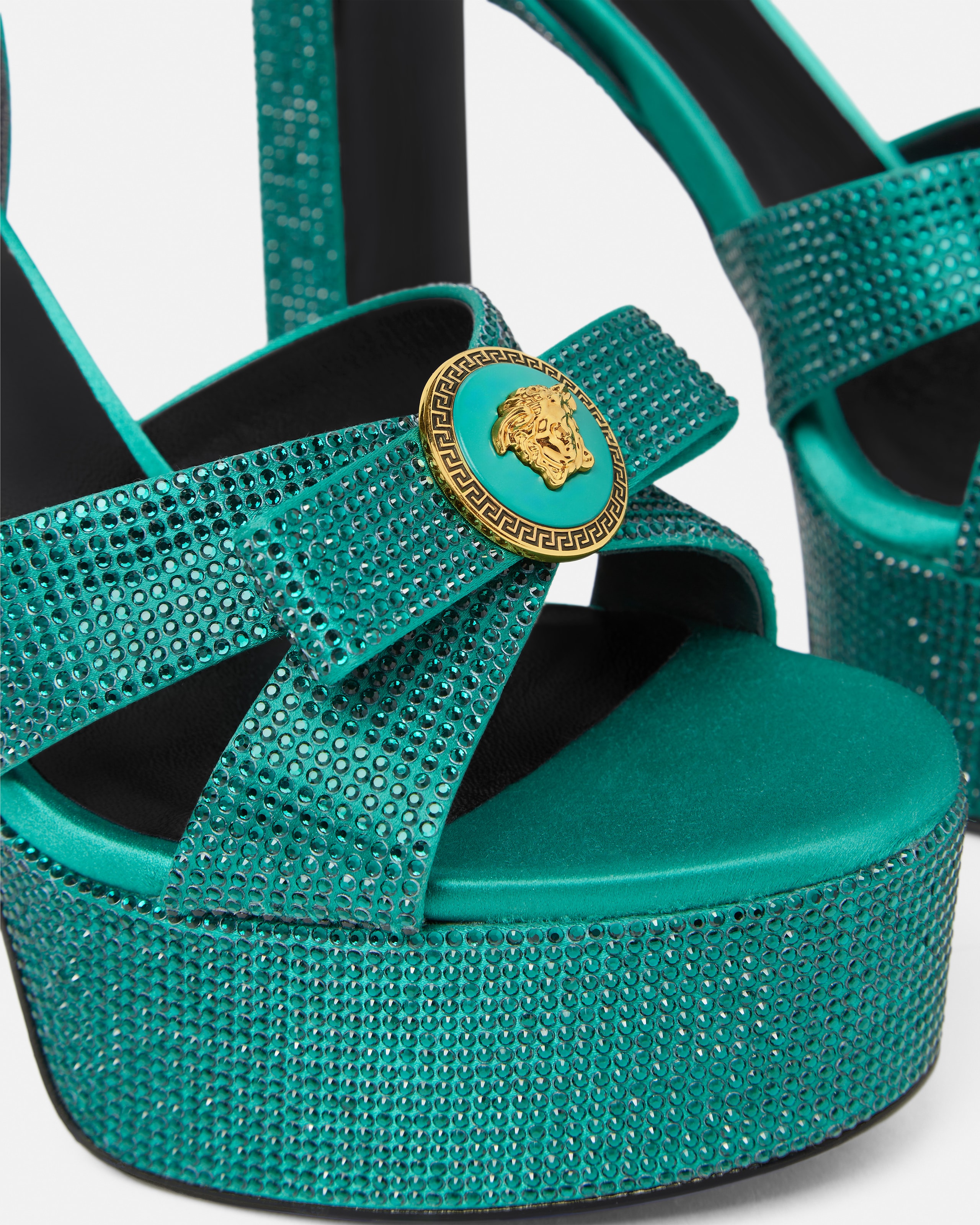 Gianni Ribbon Embellished Satin Sandals 140 mm Green | VERSACE UK