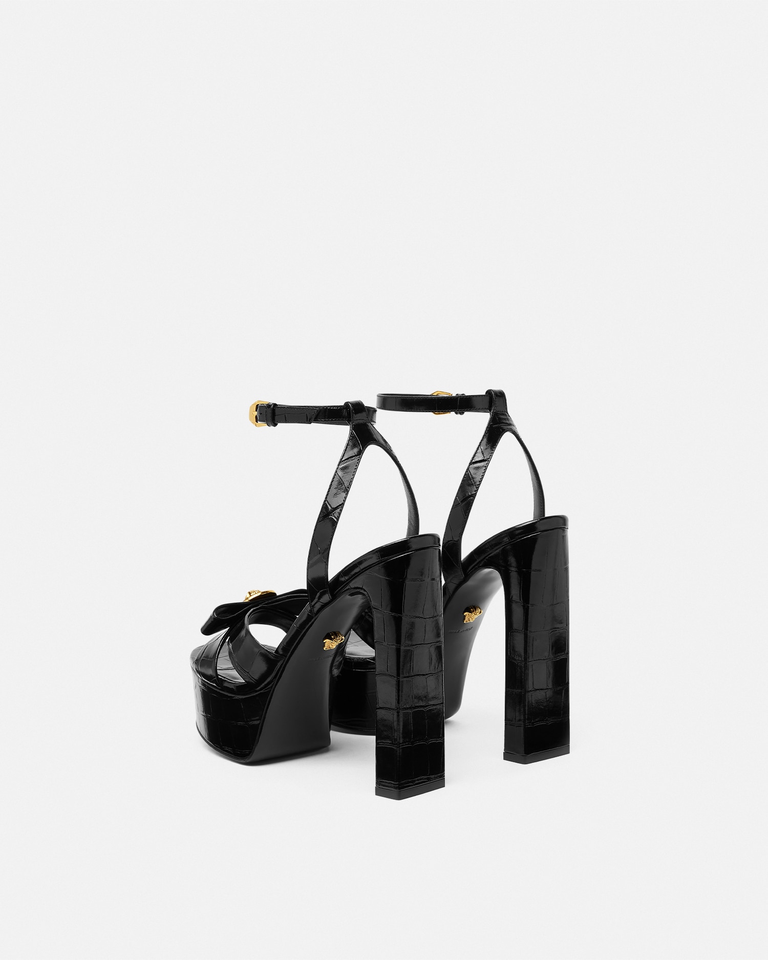 Croc-Effect Gianni Ribbon Sandals 140 mm Black,Gold | VERSACE US