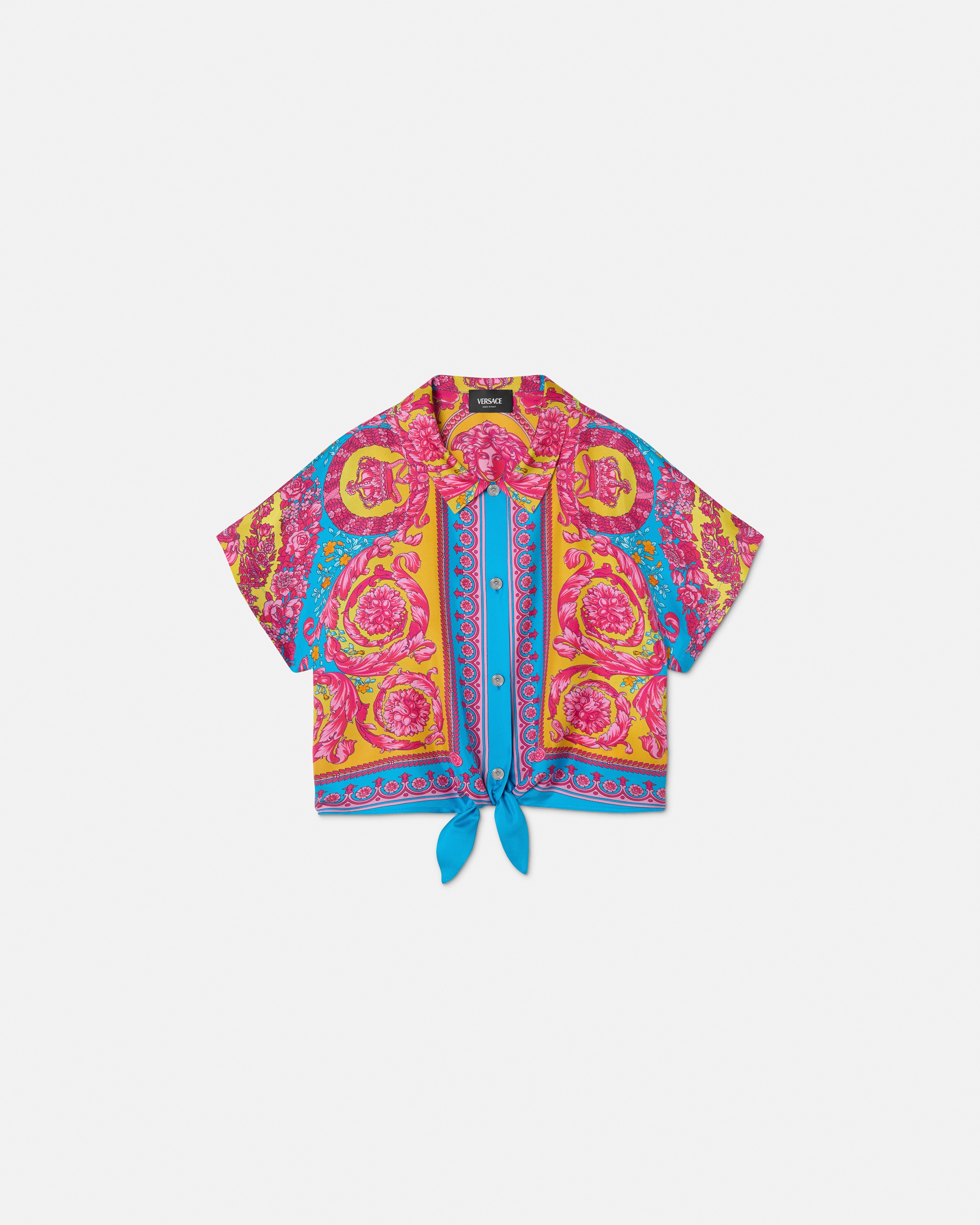 Versace Kids Printed Silk Twill Crop Shirt In Blue