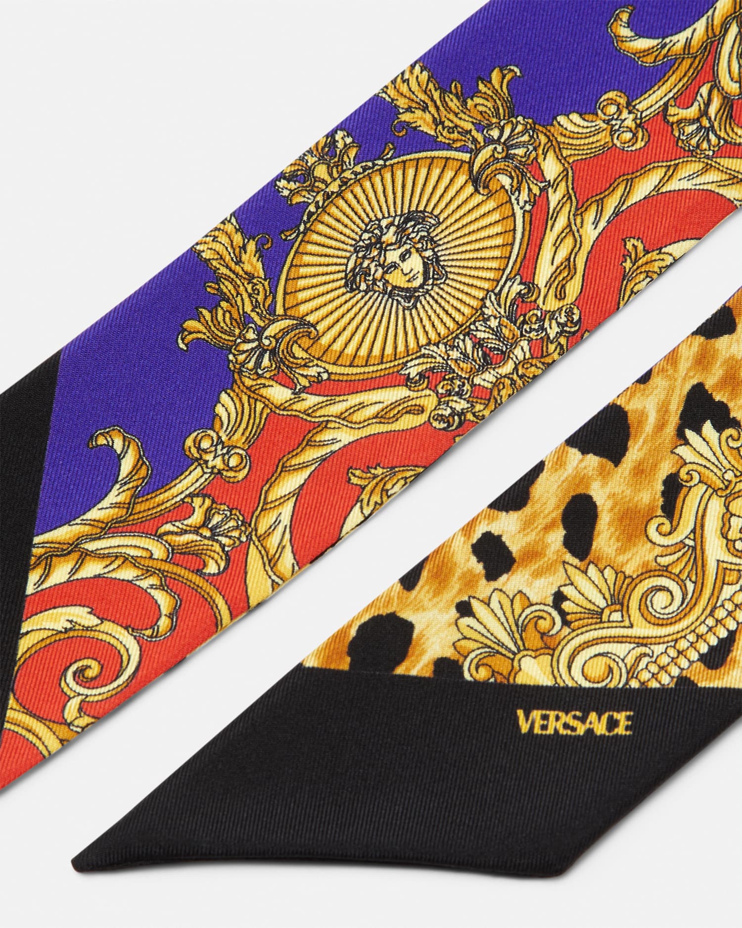Cheetah Barocco Silk Scarf Tie Red,Gold | VERSACE US