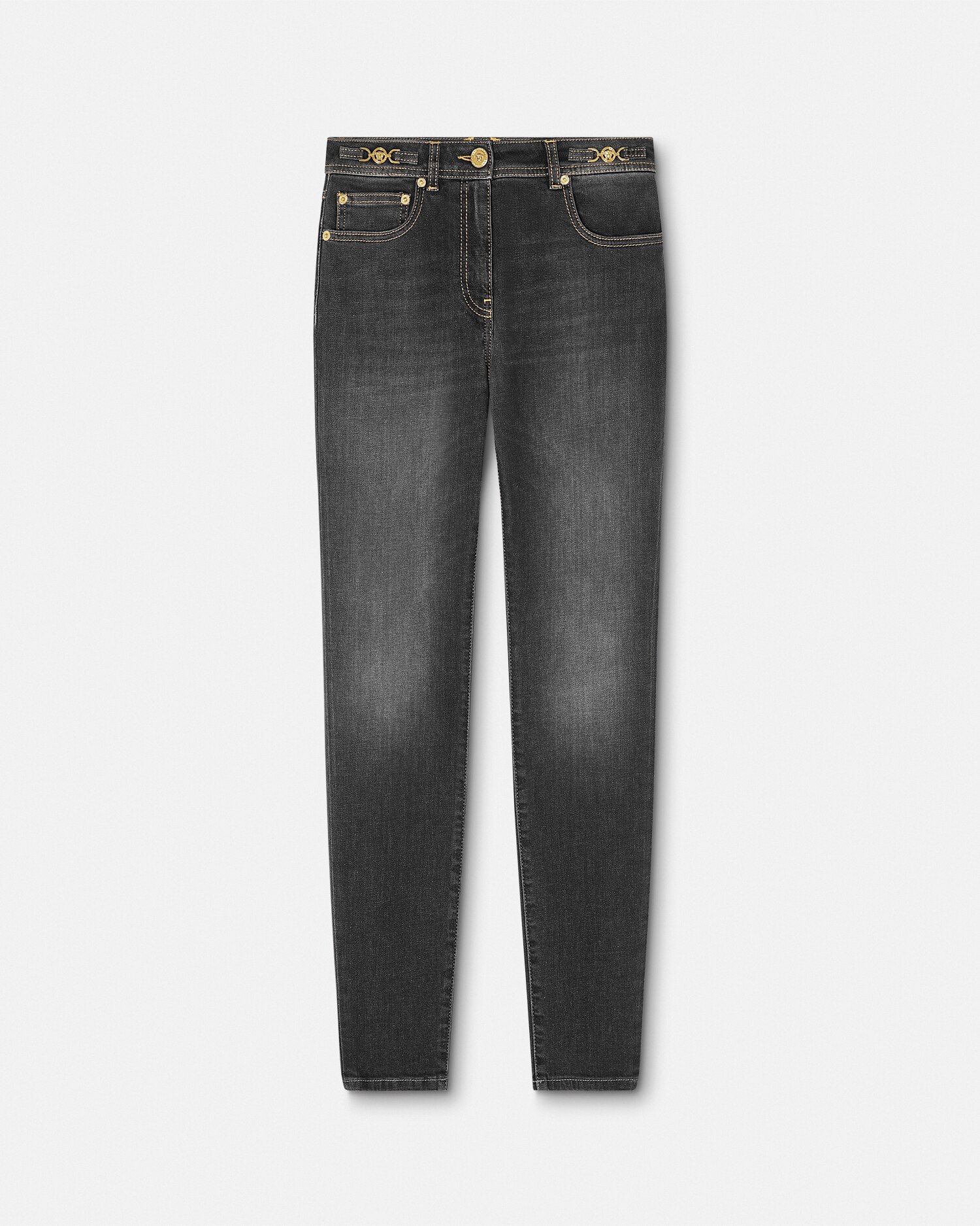 Versace Medusa Head Stonewashed Skinny Jeans In Black+print