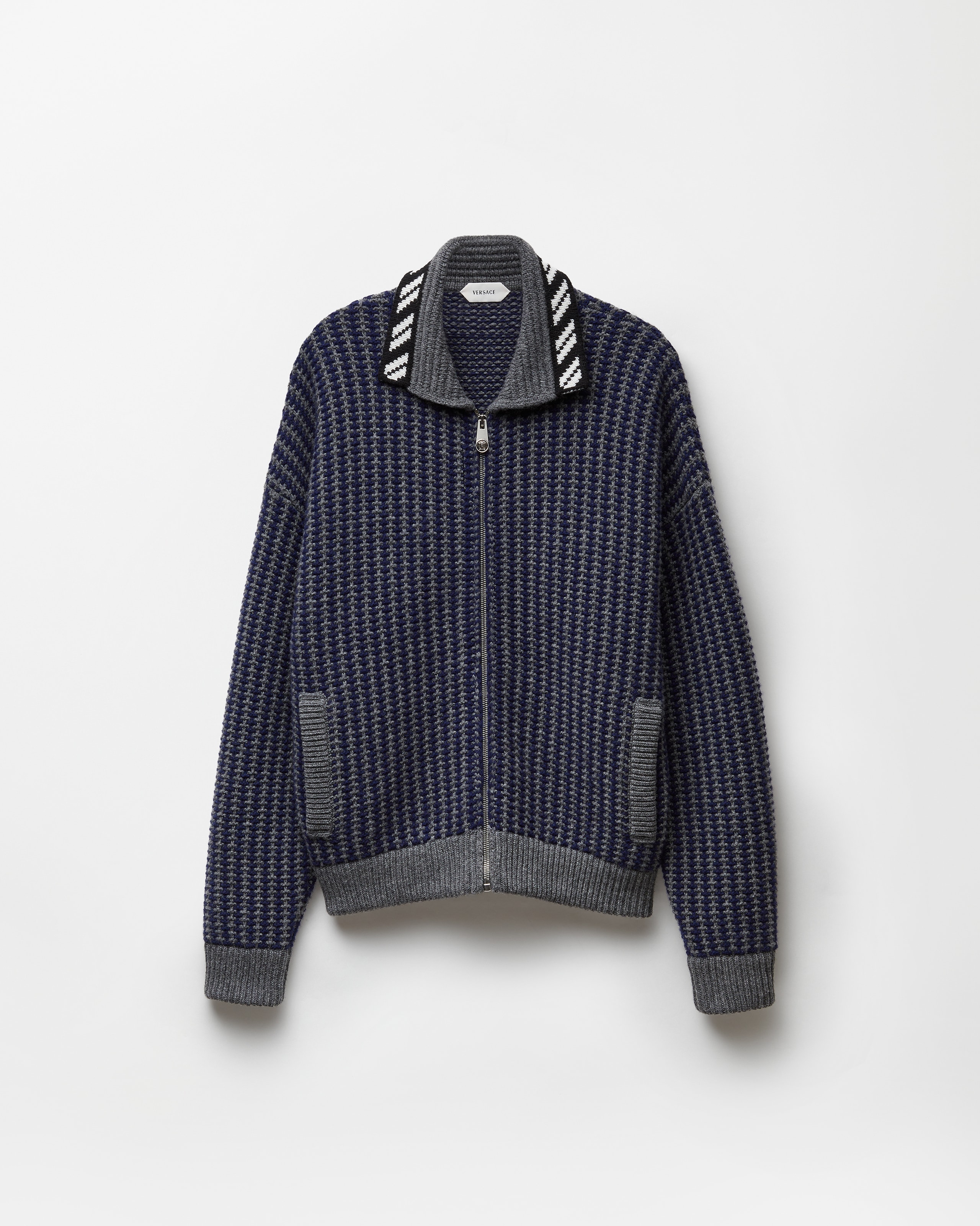 Versace Cardigan Zippé En Laine À Motif Intarsia In Blue