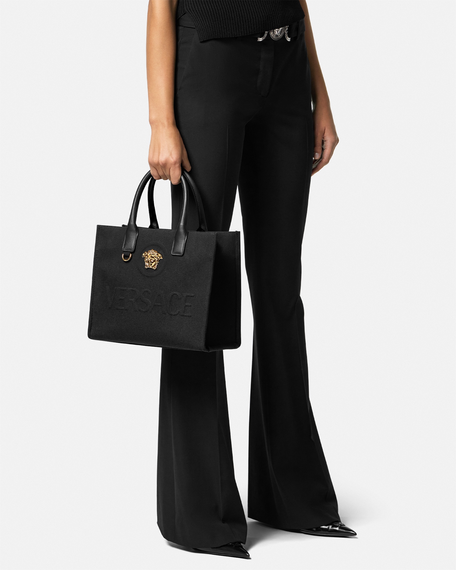 La Medusa Small Canvas Tote Black,Gold | VERSACE US