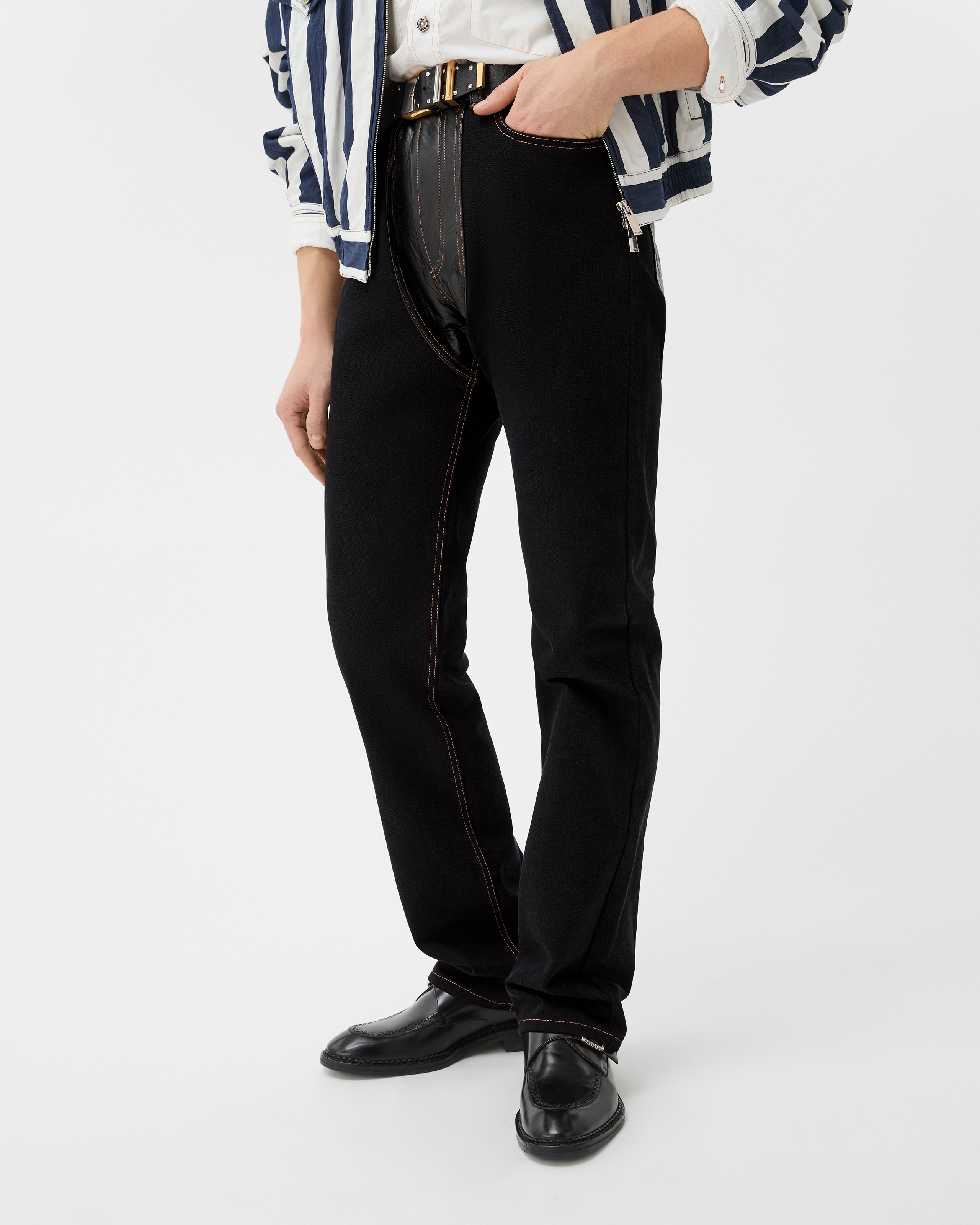 Denim & Leather Straight Jeans Black | VERSACE US