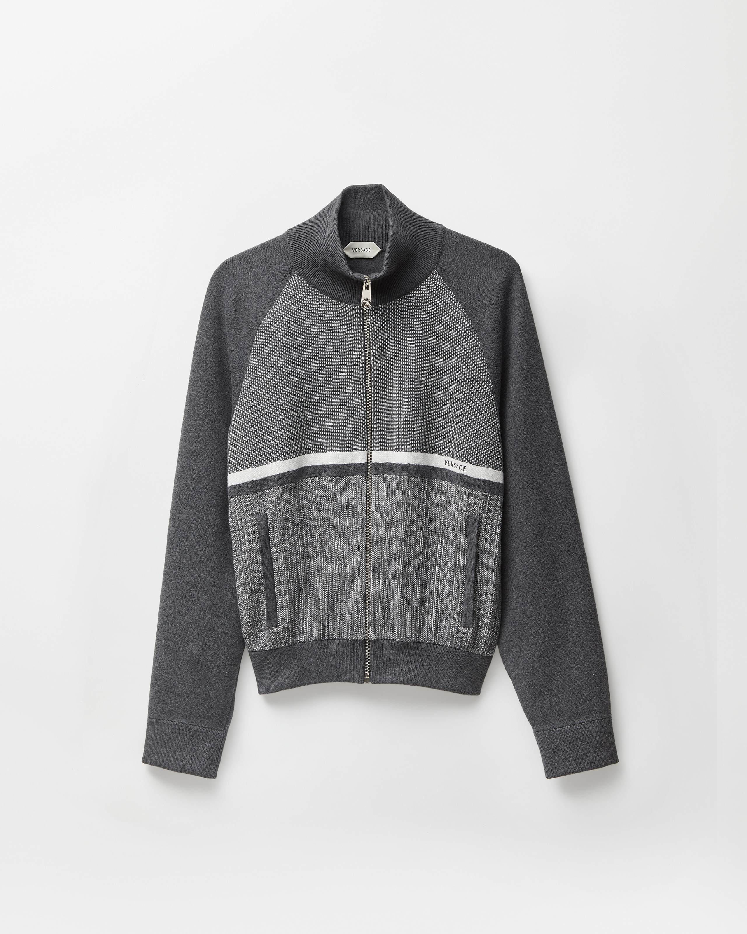 Embroidered Jacquard Cotton Knit Zip Sweater Gray | VERSACE US