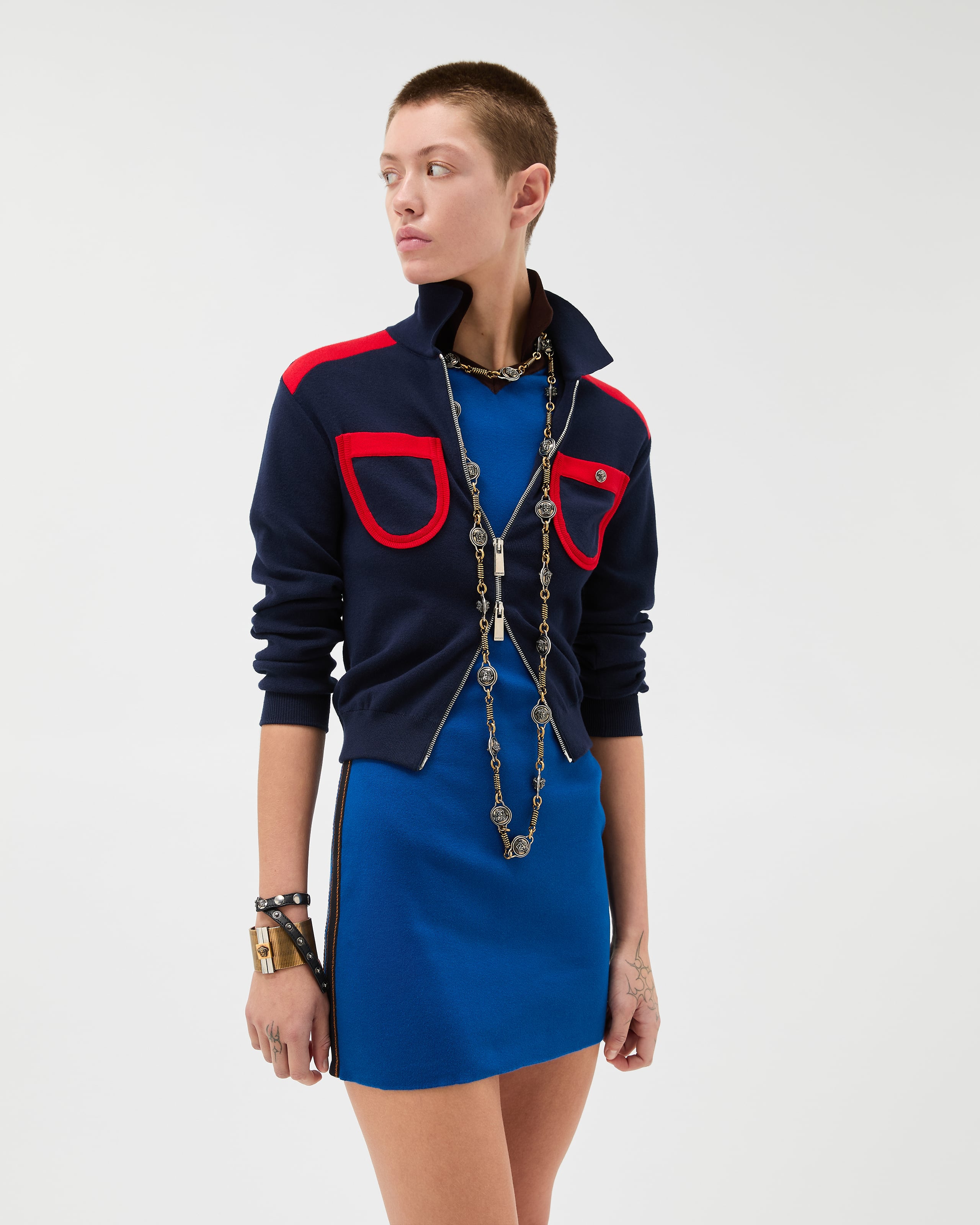 Cotton Knit Zip Cardigan Blue | VERSACE US