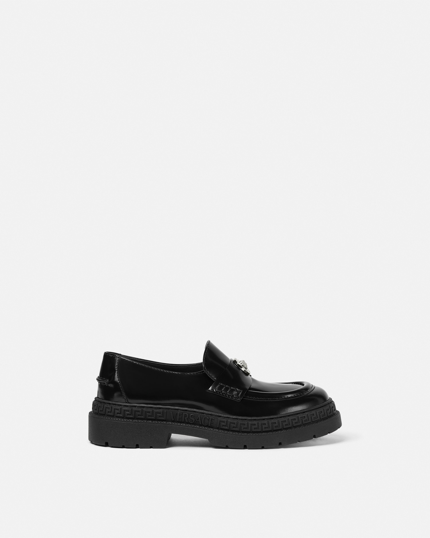 Versace Medusa Patent Kids Loafers In Black+silver | ModeSens display picture 1