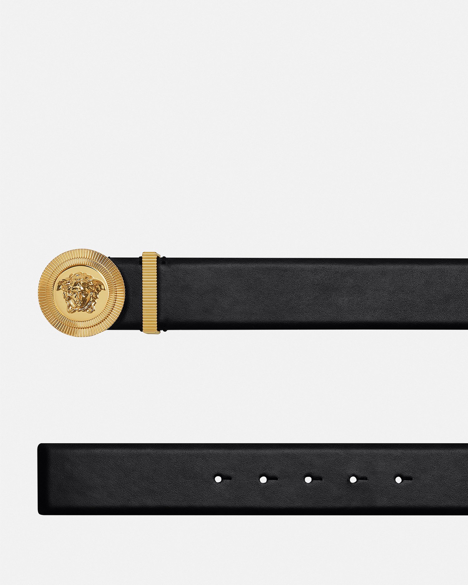 Versace Medusa Streamlined Leather Belt With Adjustable Length And Gold-tone Buckle In Black