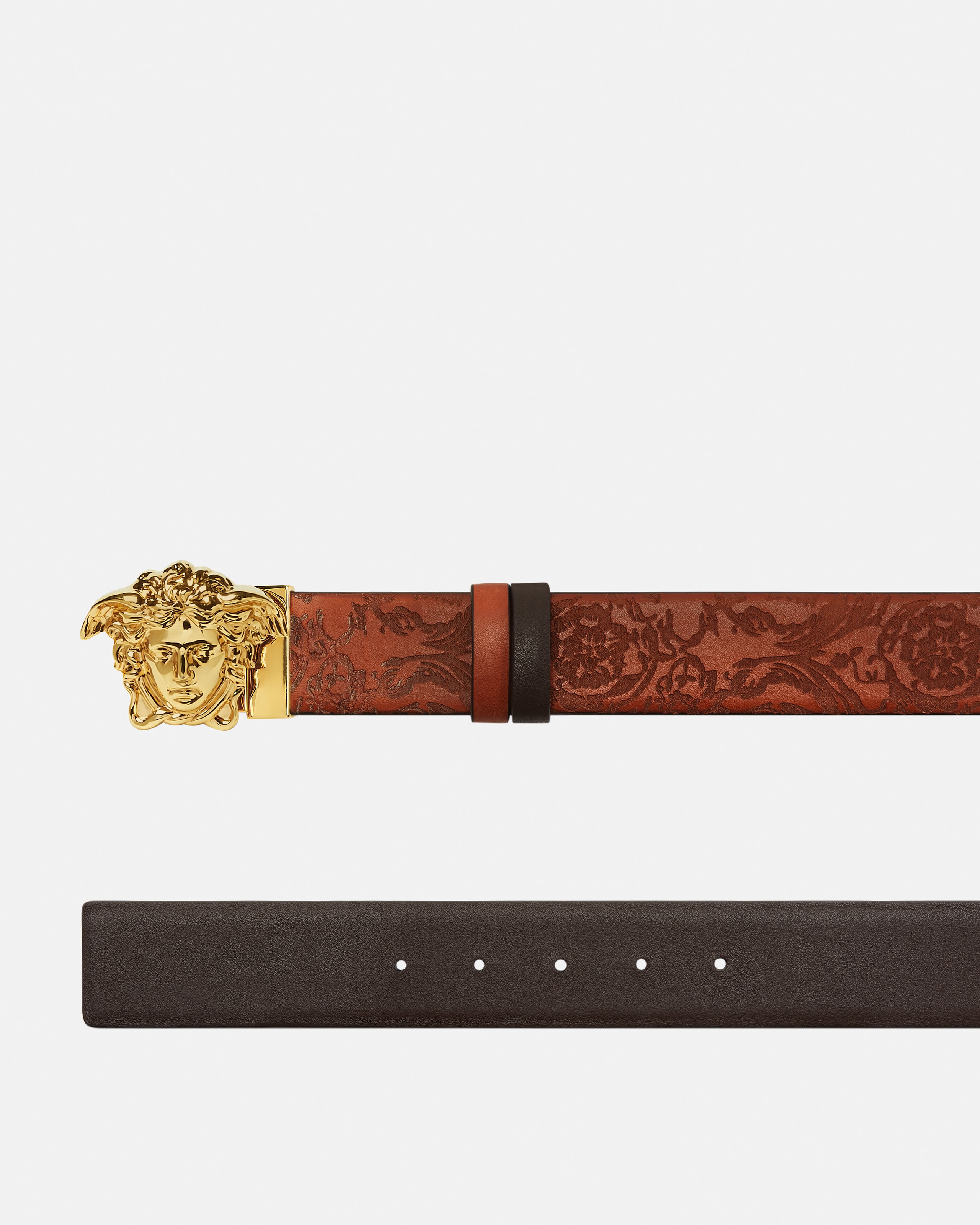 La Medusa Leather Reversible Belt 4 cm Brown,Gold | VERSACE US