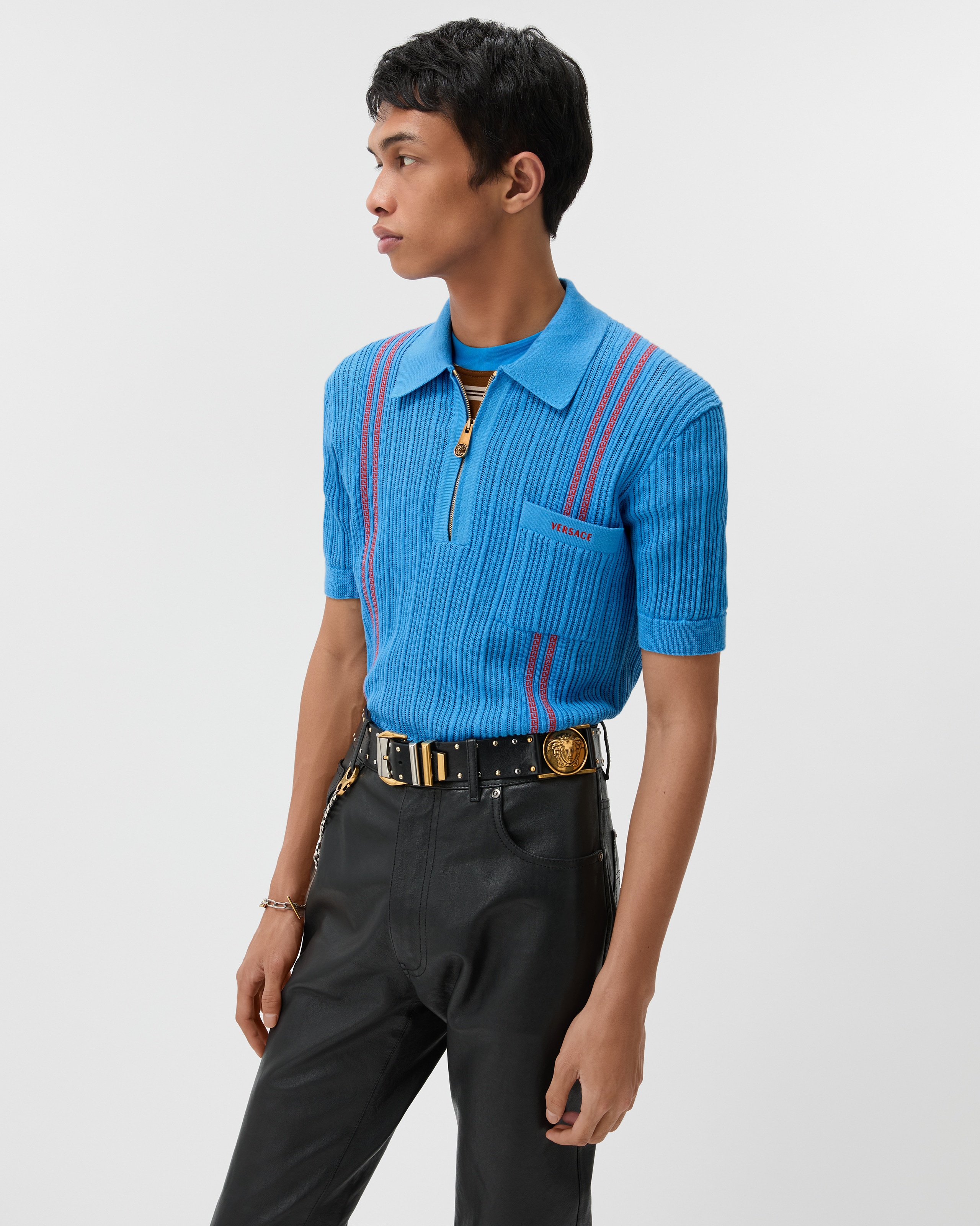 Embroidered-Logo Cotton Knit Polo shirt White | VERSACE IN