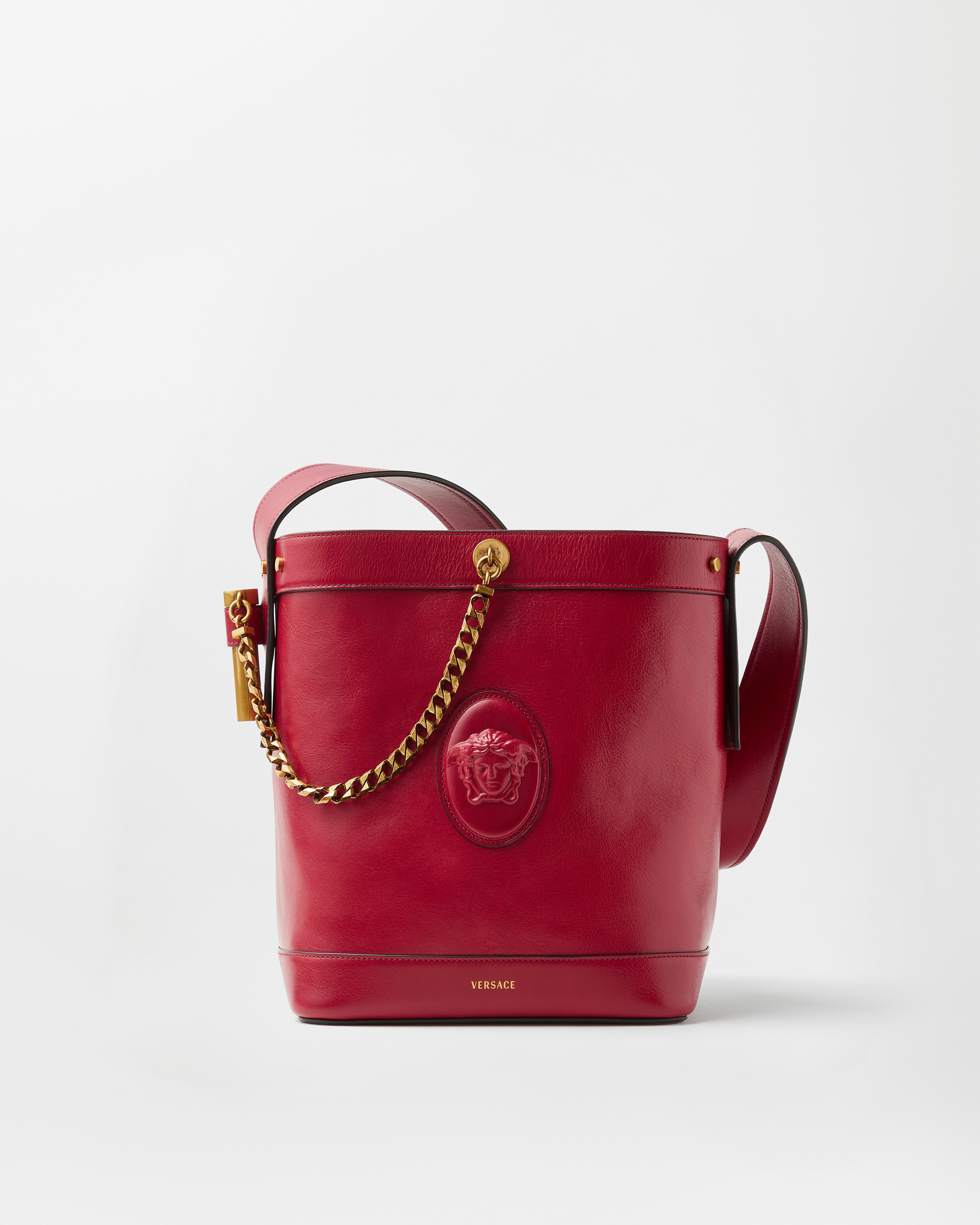 Versace Pivot Small Leather Bucket Bag In Red