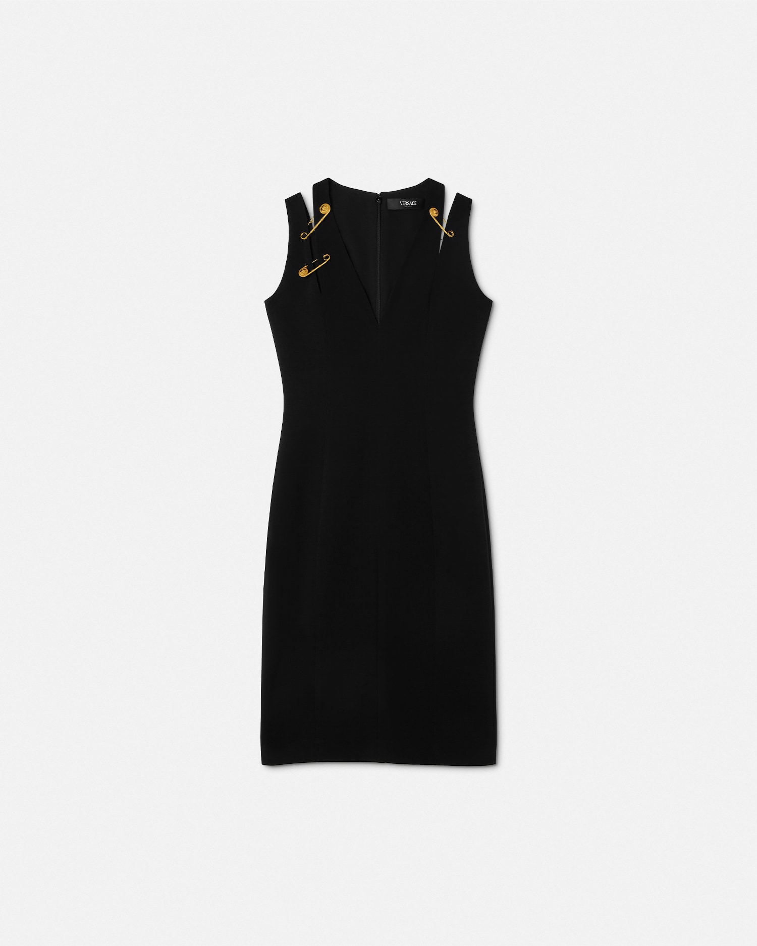 Versace Medusa Safety Pin Cutout Sleeveless Techno Cady Dress In Black