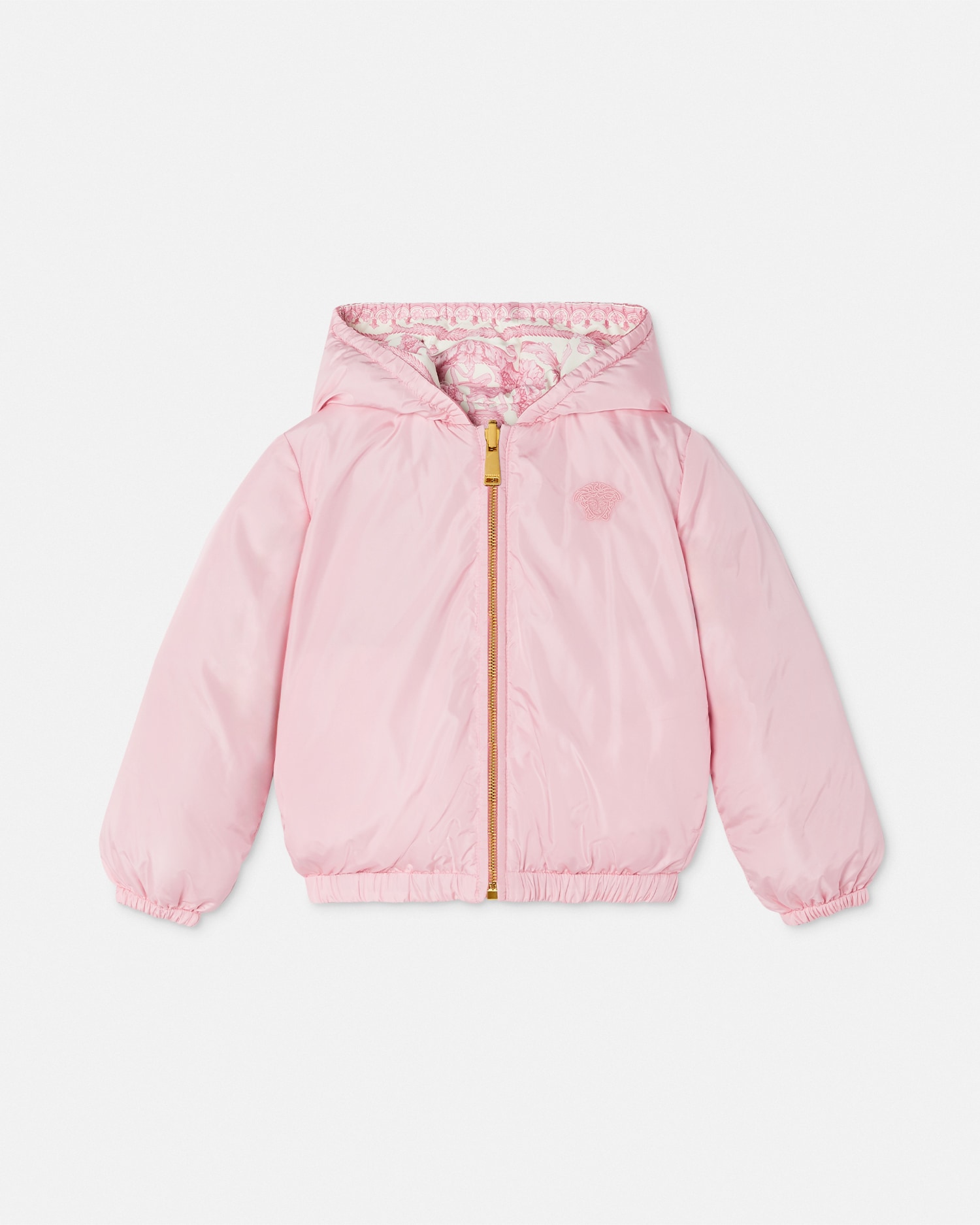 Versace Barocco Foulard Reversible Kids Puffer Jacket In Pink