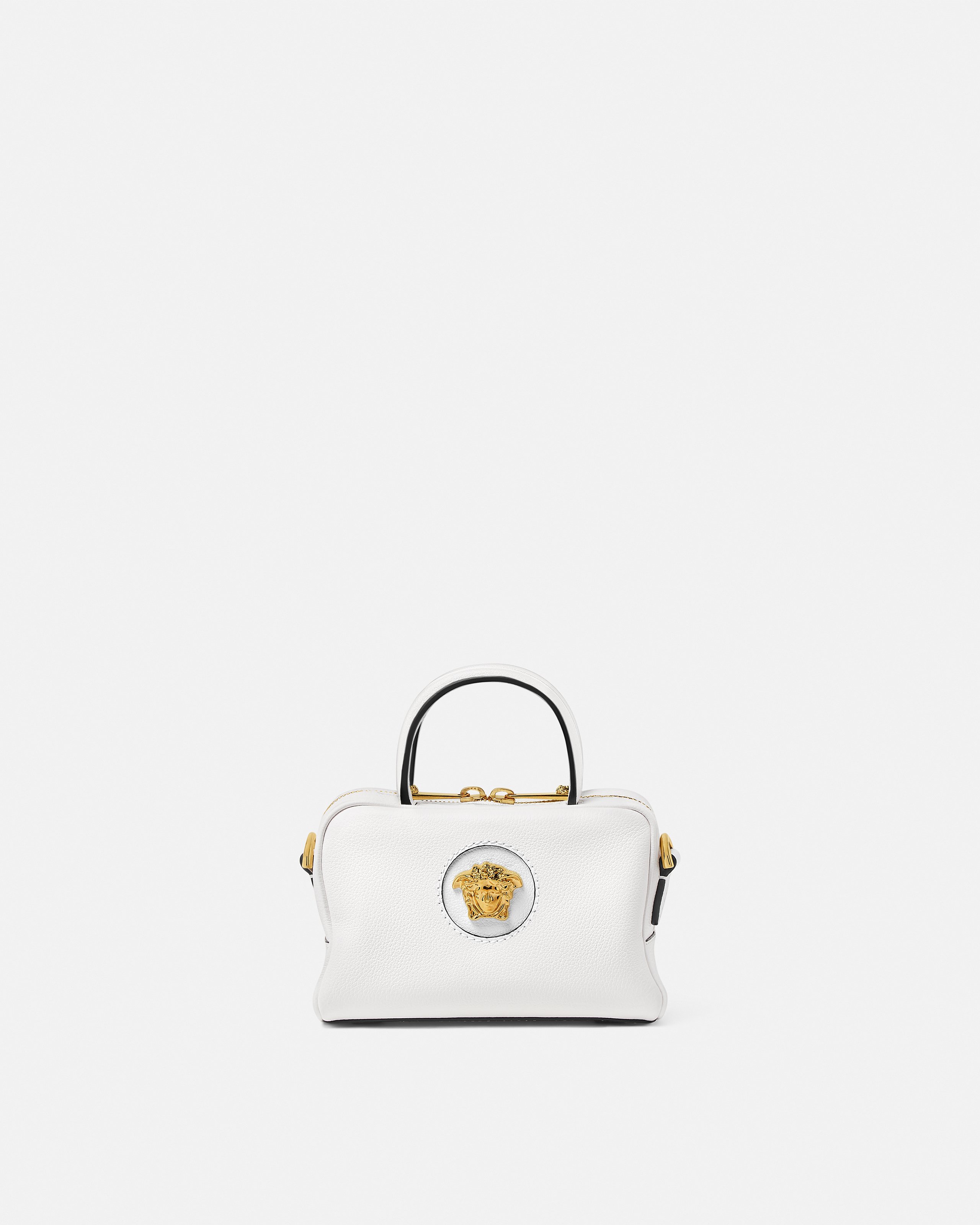Versace La Medusa Leather Mini Boston Bag In White