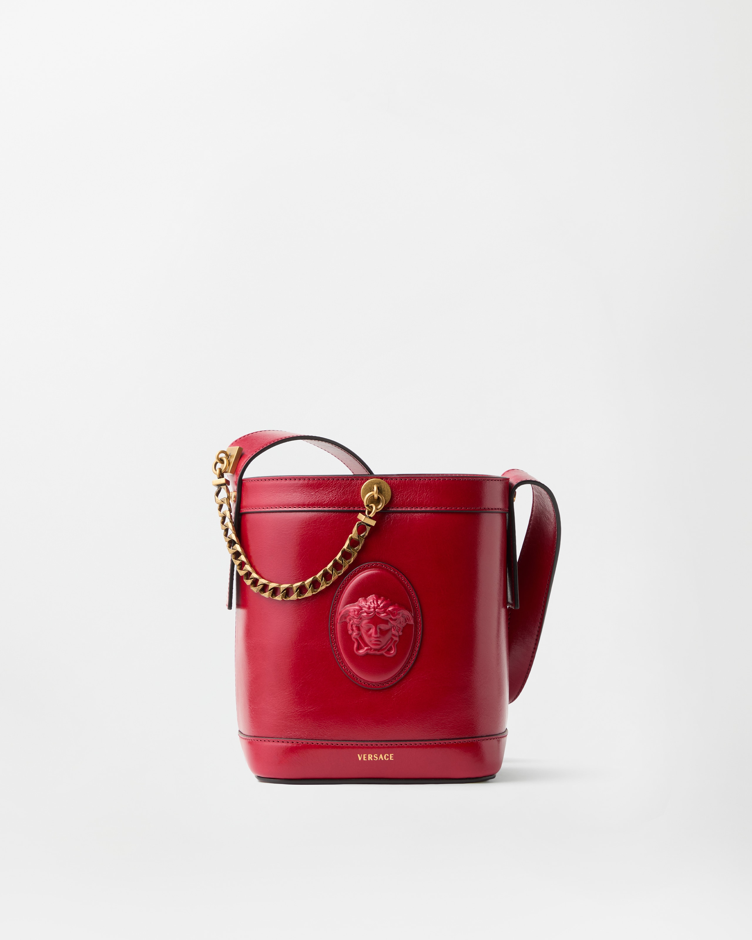 Versace Pivot Mini Leather Bucket Bag In Red