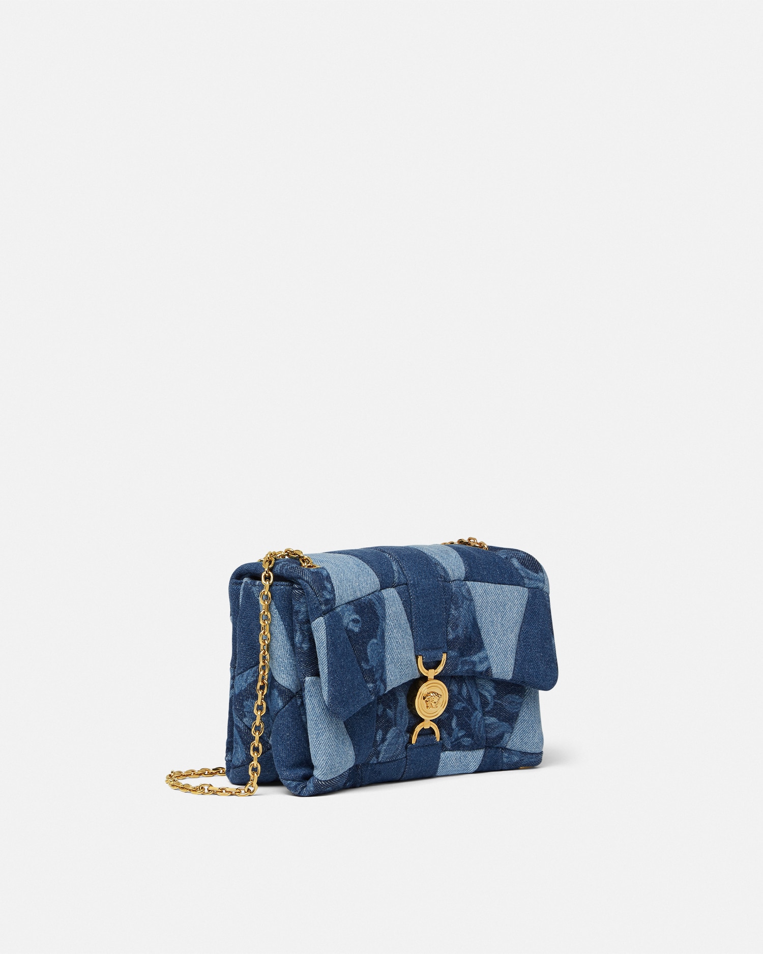 Versace Kleio Denim Quilted Shoulder Bag In Bleu