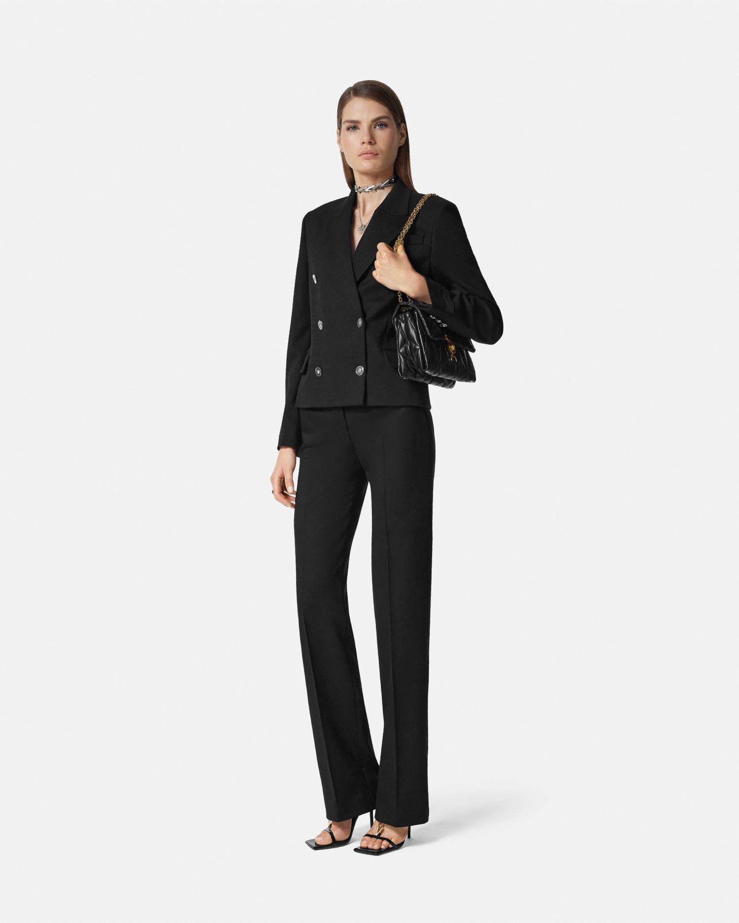 Versace Pantalon Droit Taille Haute En Laine In Noir