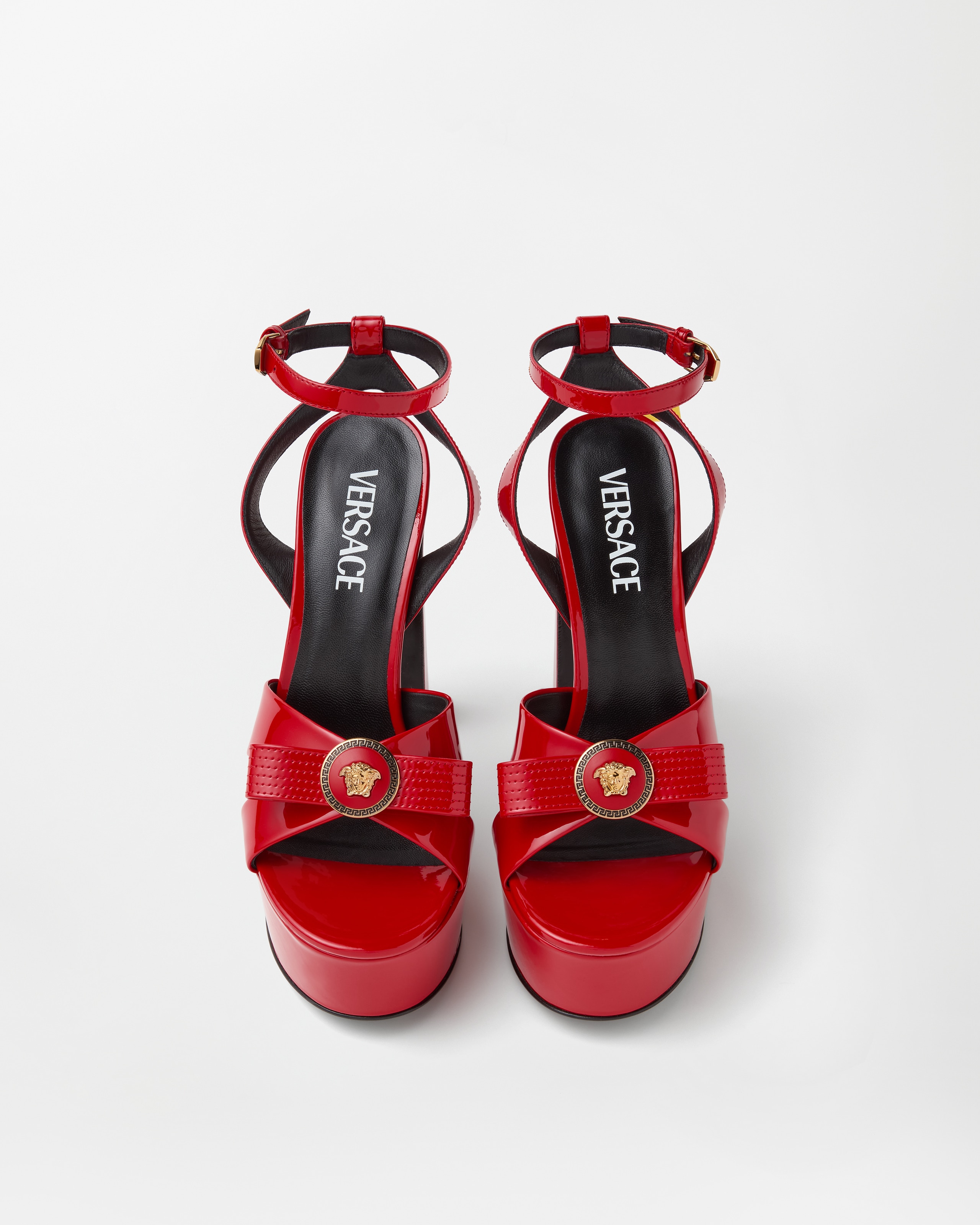 Gianni Ribbon Patent Sandals 140 mm Black,Gold | VERSACE US