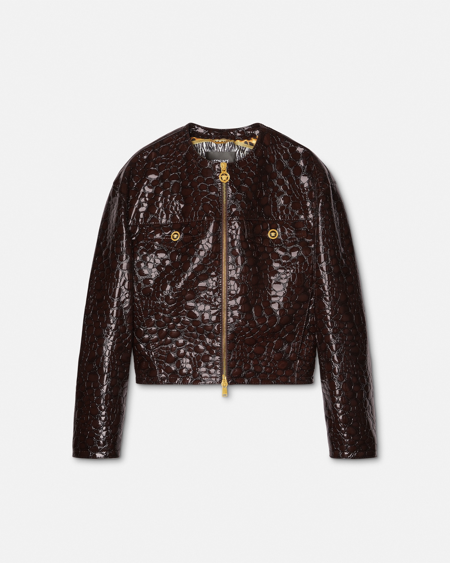 Versace Veste En Cuir Verni Effet Croco In Burgundy
