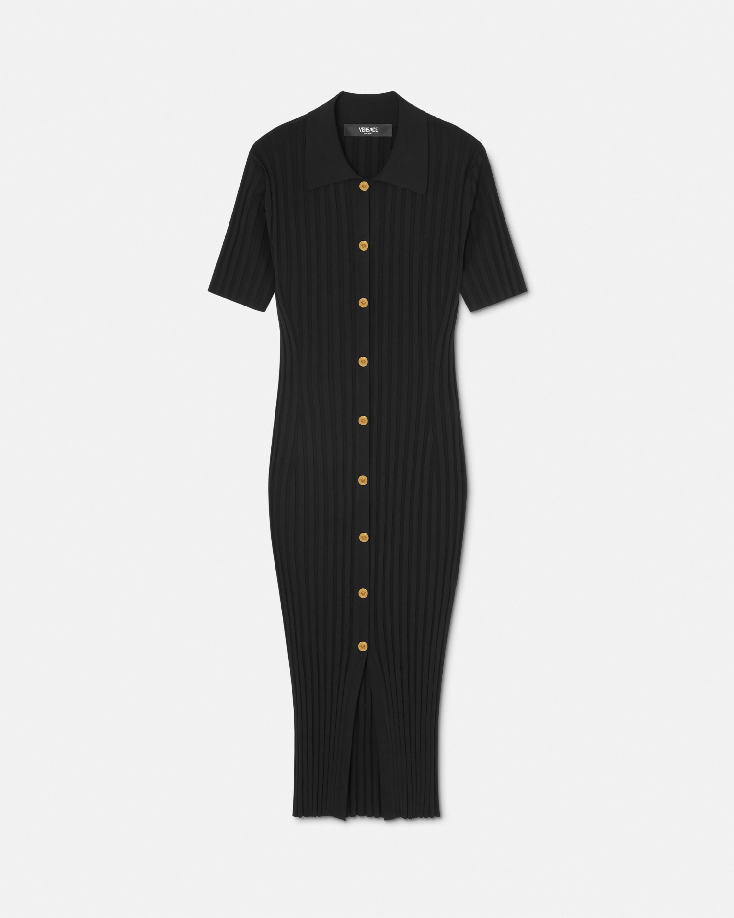 Versace Short-sleeve Flat-rib Knit Button-front Shirtdress In Black