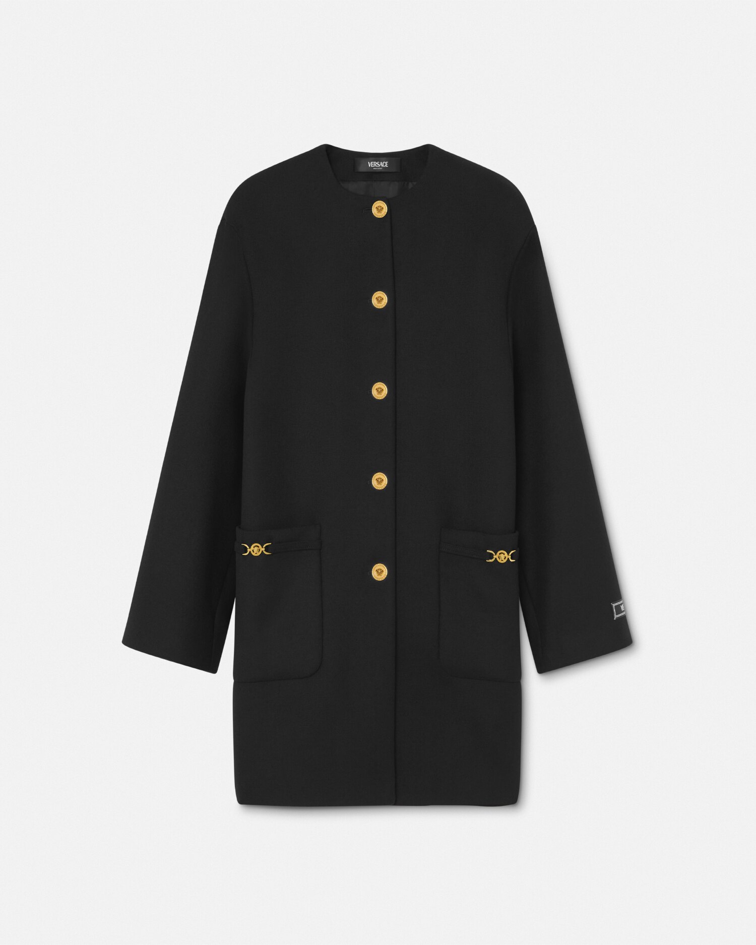 Versace Collarless Felted-wool Long Caban Coat In Black