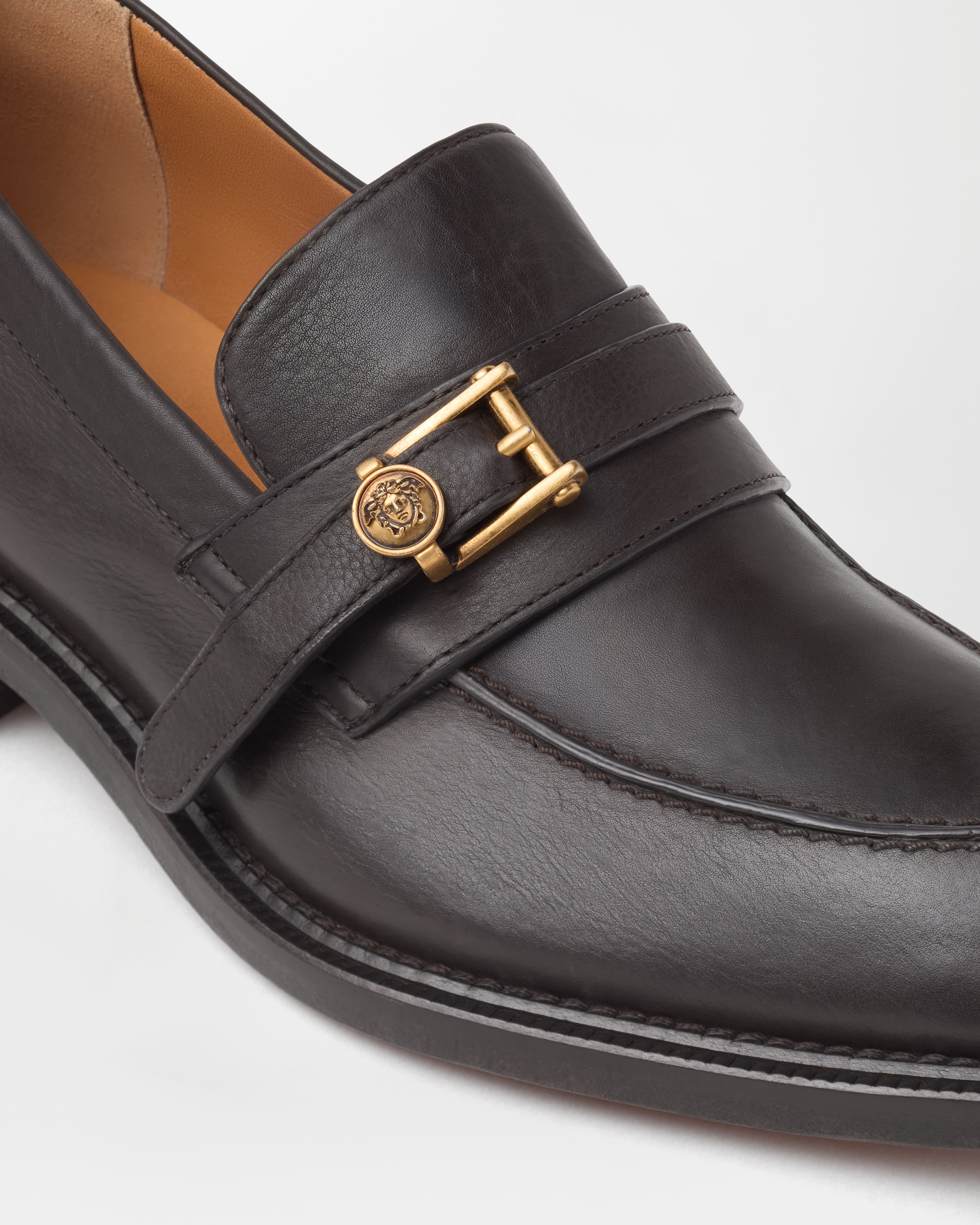 Primo Leather Loafers Brown,Gold | VERSACE US