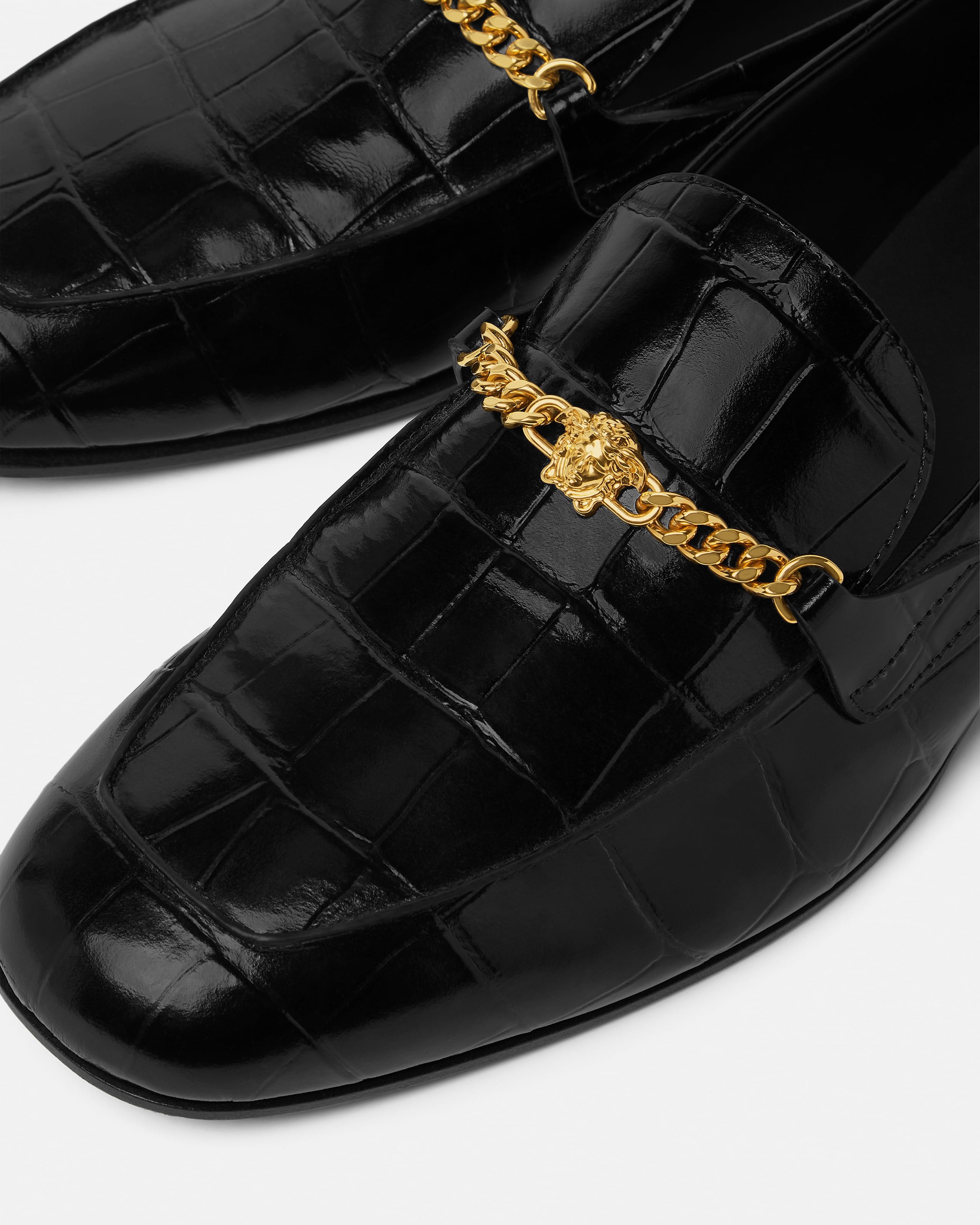 Medusa Croc-Effect Slippers Black,Gold | VERSACE US