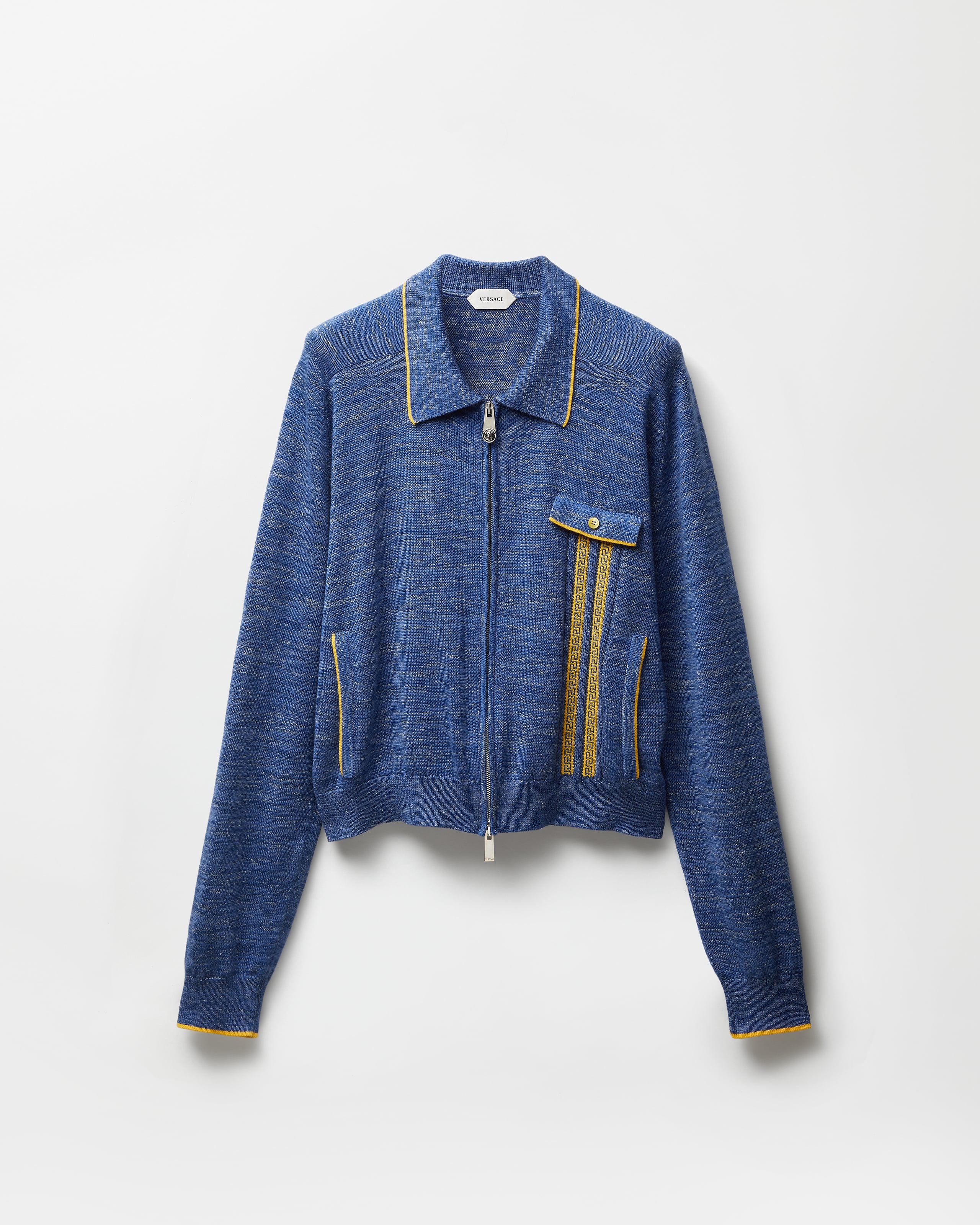 Mouliné Jacquard Knit Zip Sweater Blue | VERSACE